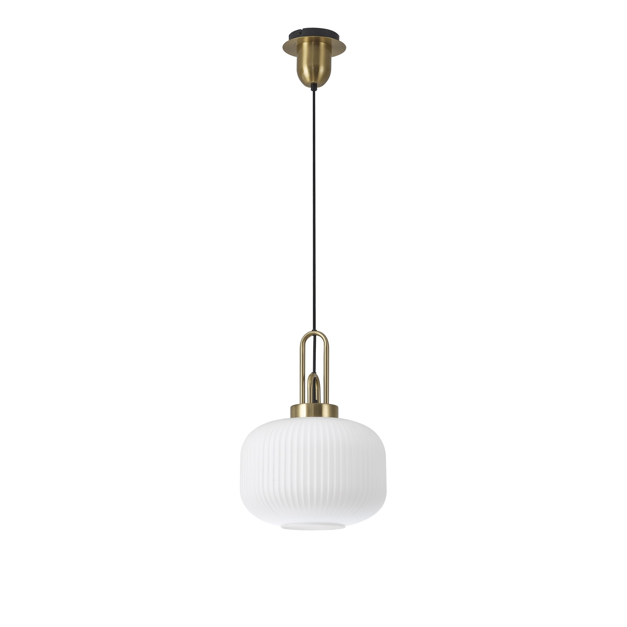 Fabula Springfield Single Pendant - 30cm Pumpkin Shaped Ribbed Glass Shade - Brass Gold & Opal Glass