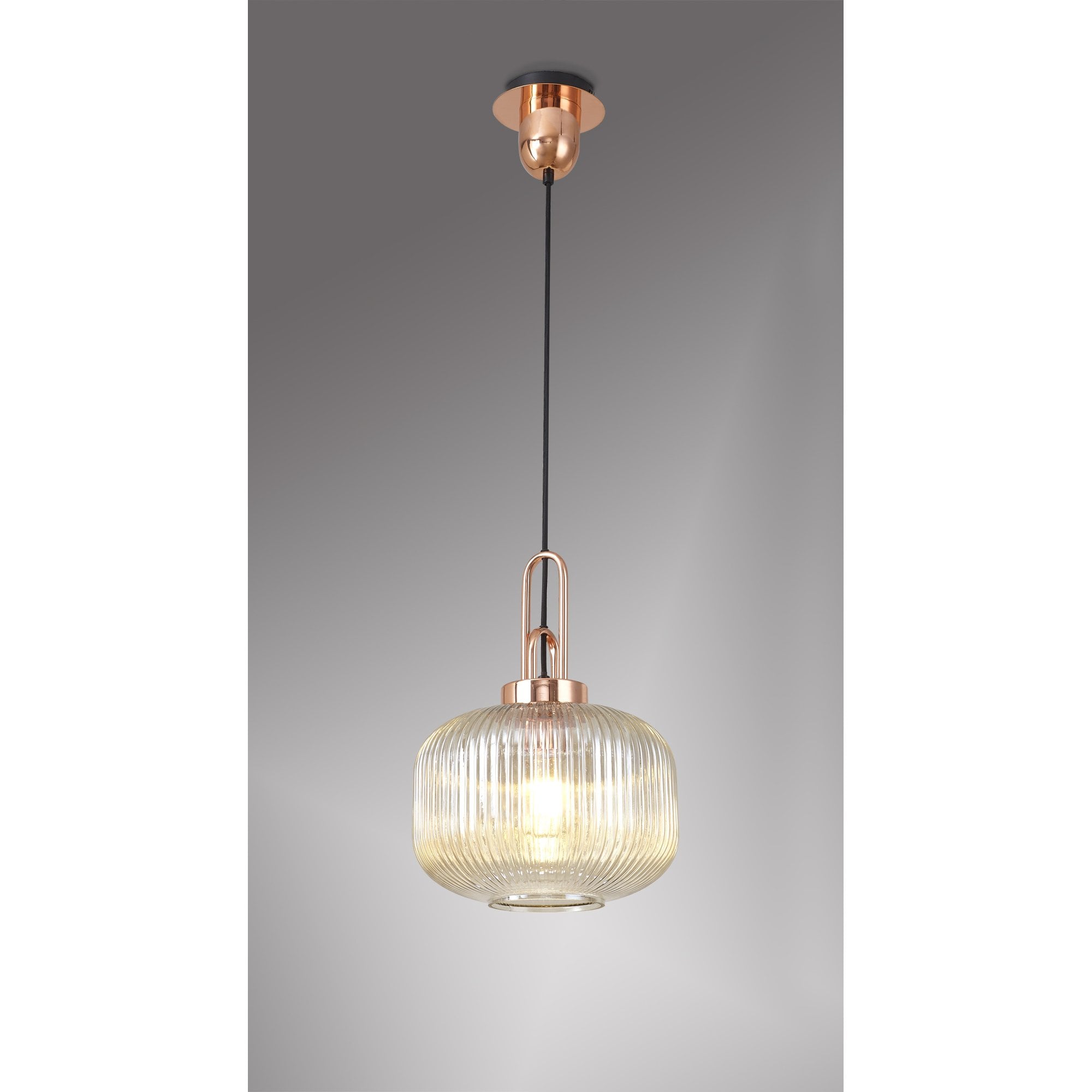 Fabula Springfield Single Pendant - 30cm Pumpkin Shaped Ribbed Glass Shade - Copper & Champagne Glass
