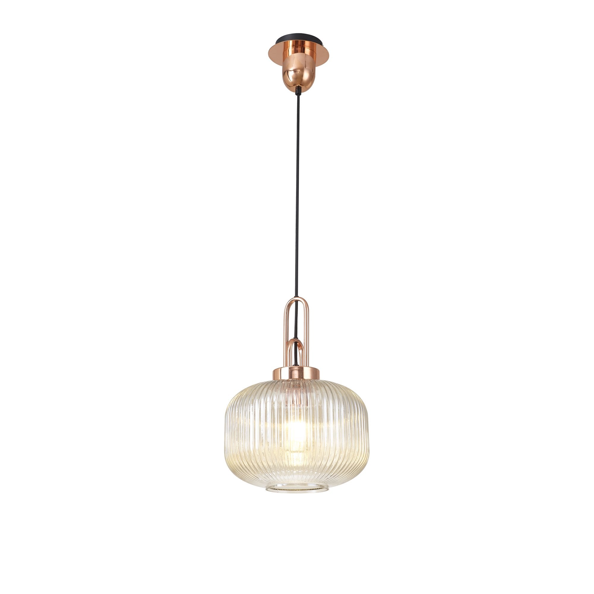 Fabula Springfield Single Pendant - 30cm Pumpkin Shaped Ribbed Glass Shade - Copper & Champagne Glass