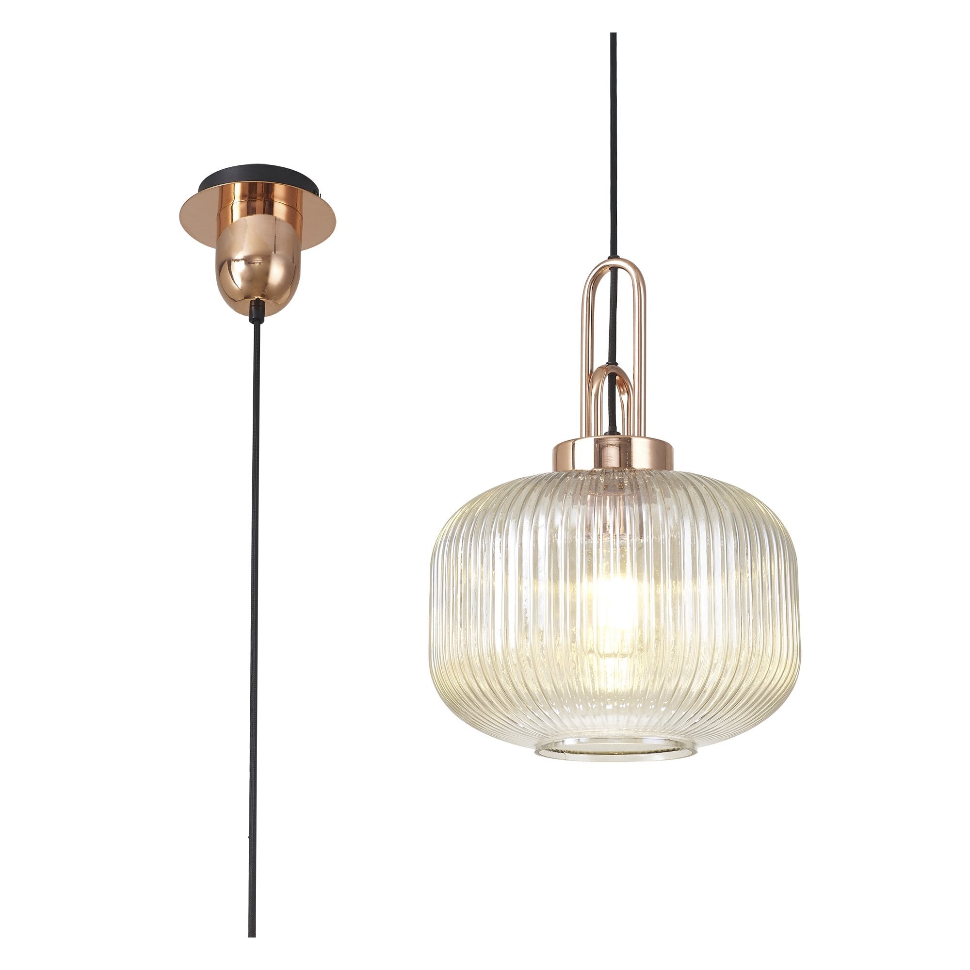 Fabula Springfield Single Pendant - 30cm Pumpkin Shaped Ribbed Glass Shade - Copper & Champagne Glass