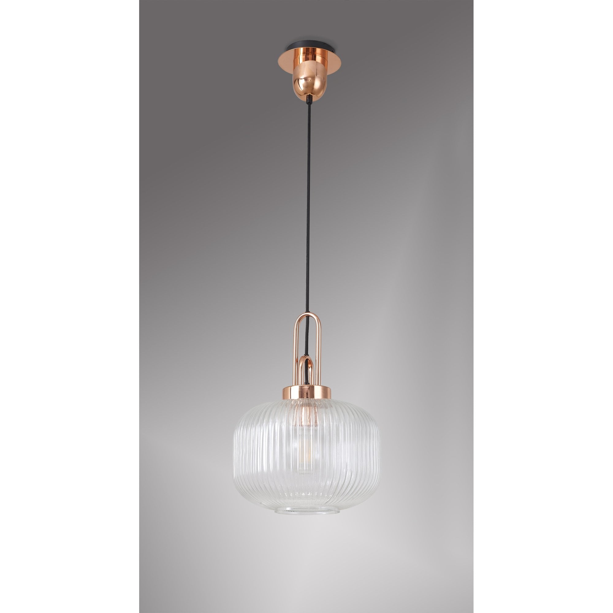 Fabula Springfield Single Pendant - 30cm Pumpkin Shaped Ribbed Glass Shade - Copper & Clear Glass