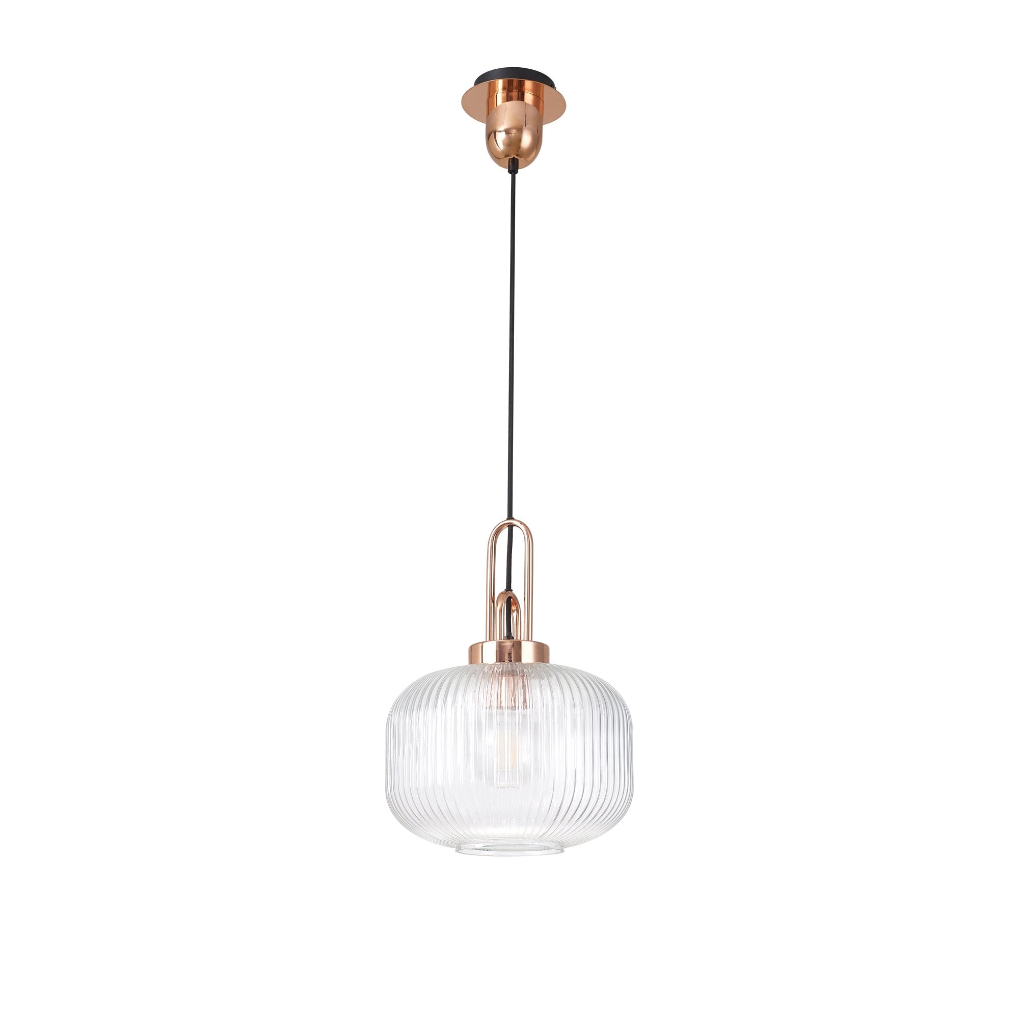 Fabula Springfield Single Pendant - 30cm Pumpkin Shaped Ribbed Glass Shade - Copper & Clear Glass
