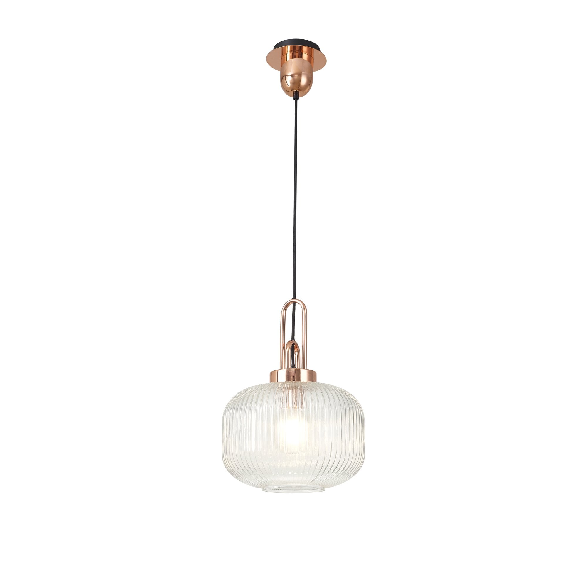 Fabula Springfield Single Pendant - 30cm Pumpkin Shaped Ribbed Glass Shade - Copper & Clear Glass