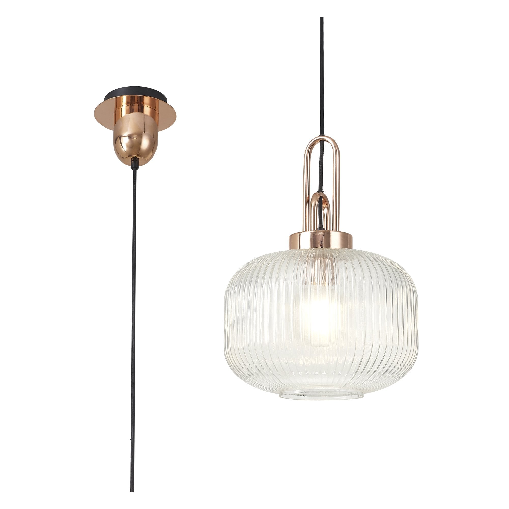 Fabula Springfield Single Pendant - 30cm Pumpkin Shaped Ribbed Glass Shade - Copper & Clear Glass