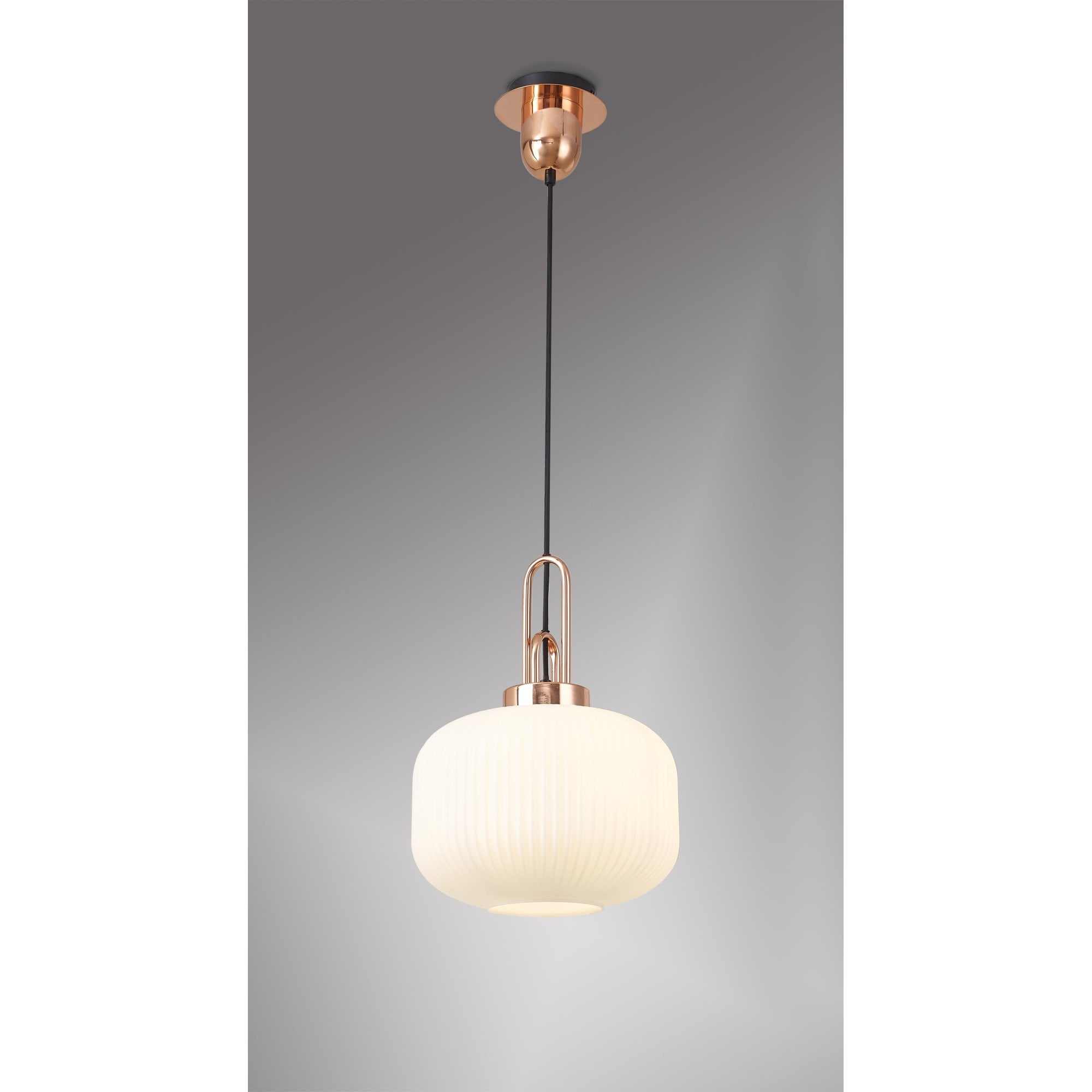 Fabula Springfield Single Pendant - 30cm Pumpkin Shaped Ribbed Glass Shade - Copper & Opal Glass
