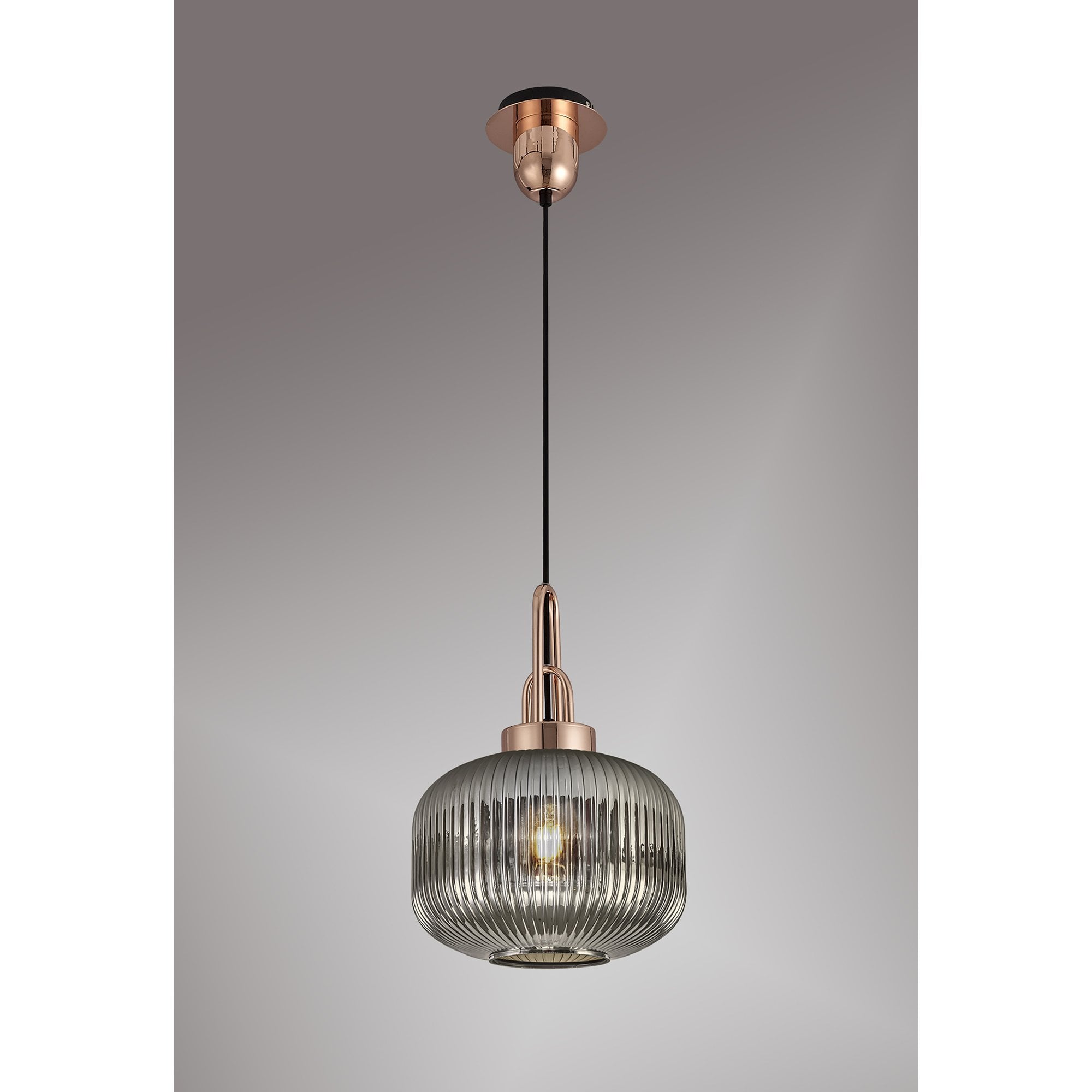 Fabula Springfield Single Pendant - 30cm Pumpkin Shaped Ribbed Glass Shade - Copper & Smoked Glass