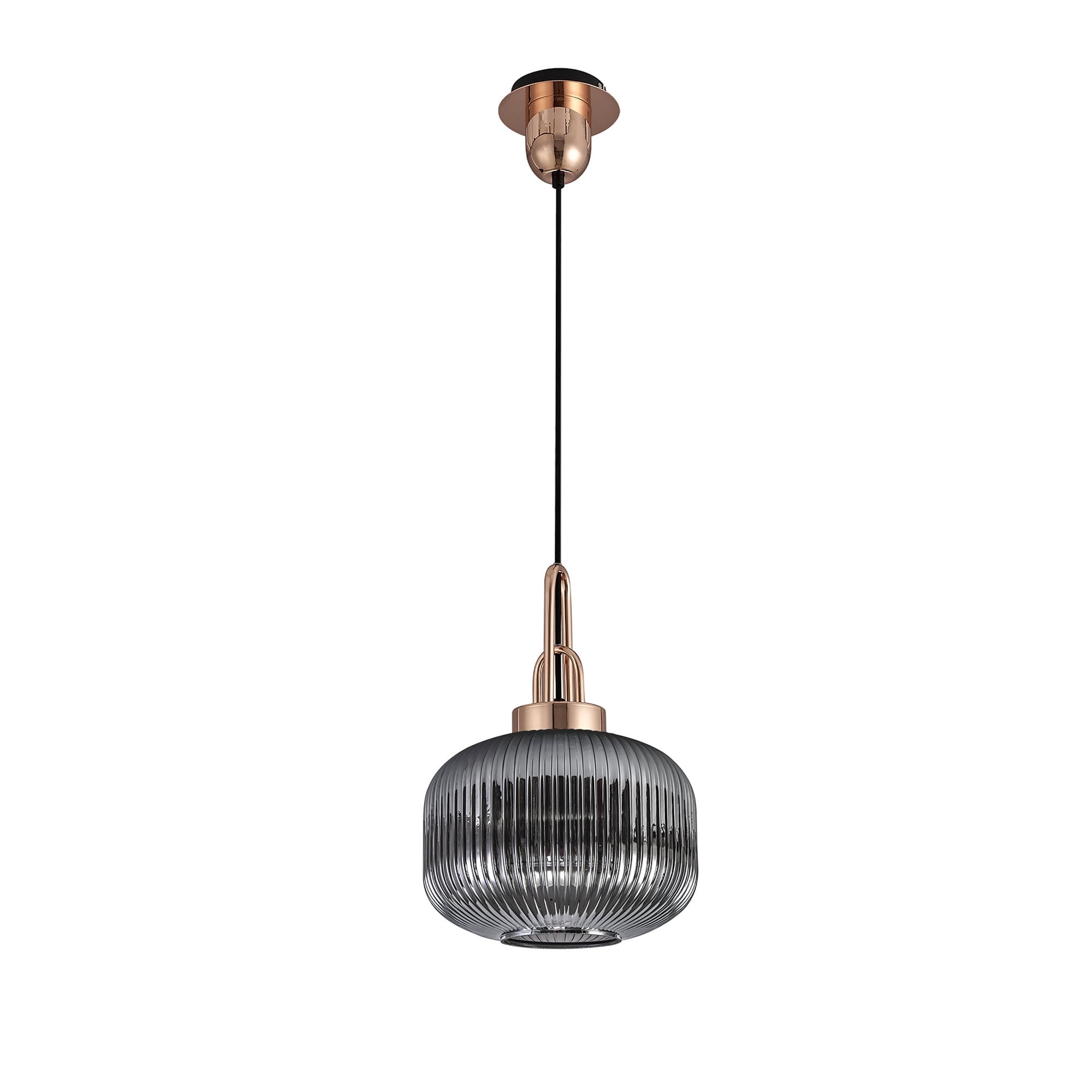 Fabula Springfield Single Pendant - 30cm Pumpkin Shaped Ribbed Glass Shade - Copper & Smoked Glass