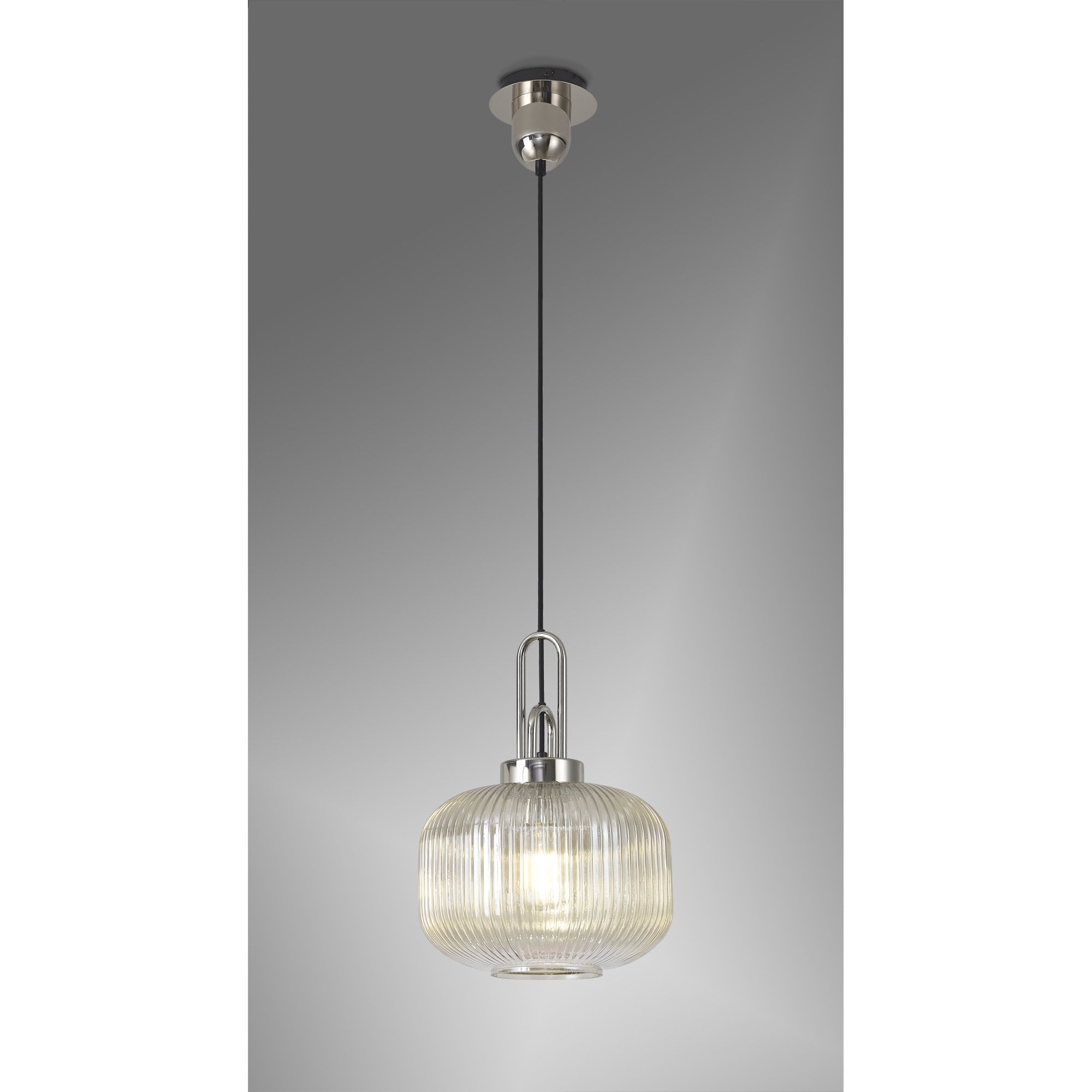 Fabula Springfield Single Pendant - 30cm Pumpkin Shaped Ribbed Glass Shade - Polished Nickel & Champagne Glass
