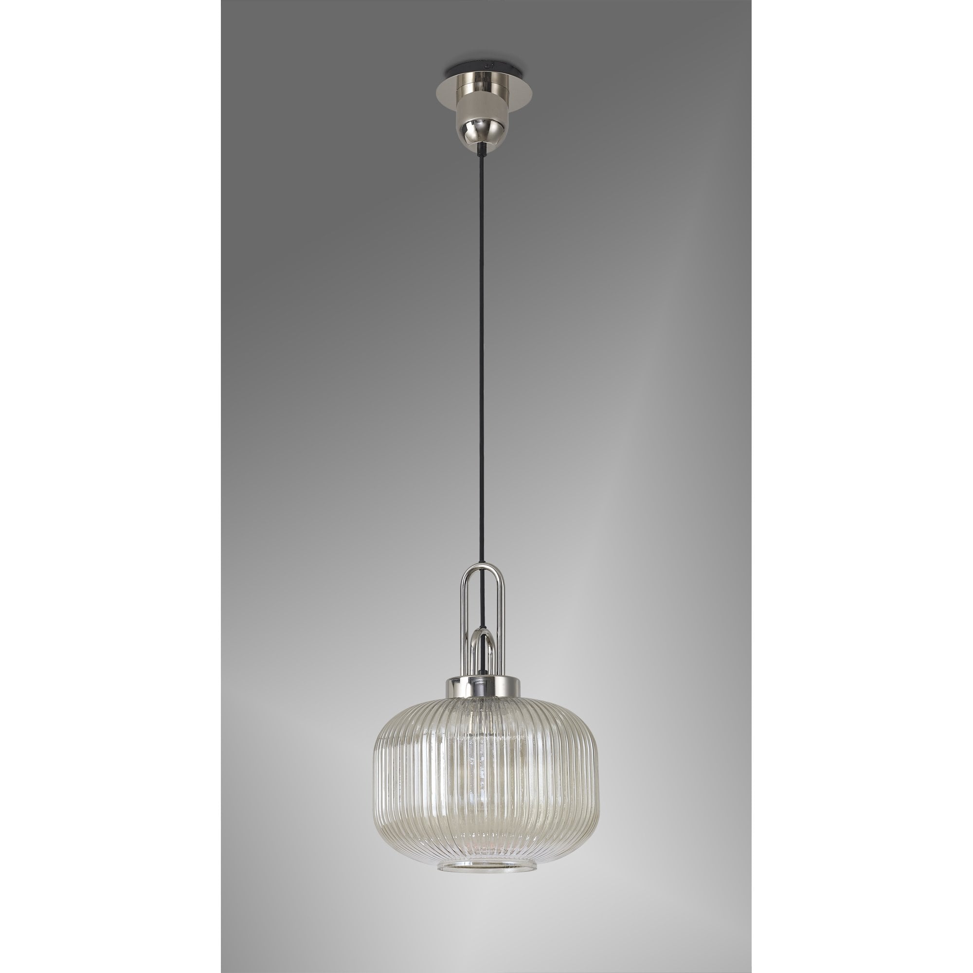 Fabula Springfield Single Pendant - 30cm Pumpkin Shaped Ribbed Glass Shade - Polished Nickel & Champagne Glass