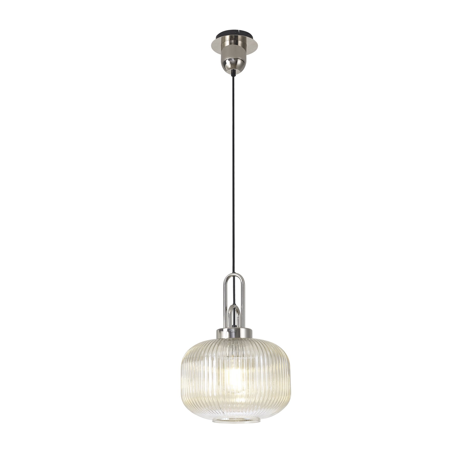Fabula Springfield Single Pendant - 30cm Pumpkin Shaped Ribbed Glass Shade - Polished Nickel & Champagne Glass