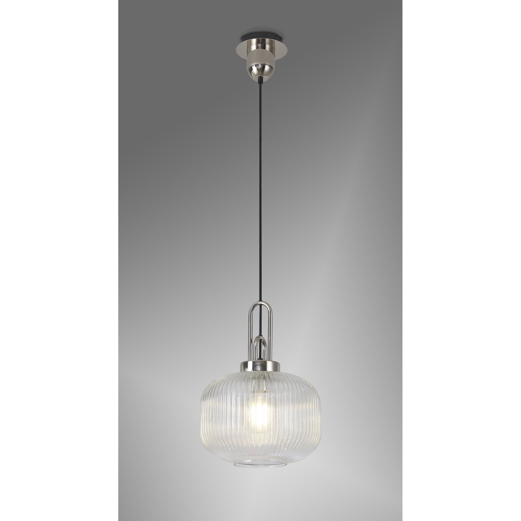 Fabula Springfield Single Pendant - 30cm Pumpkin Shaped Ribbed Glass Shade - Polished Nickel & Clear Glass