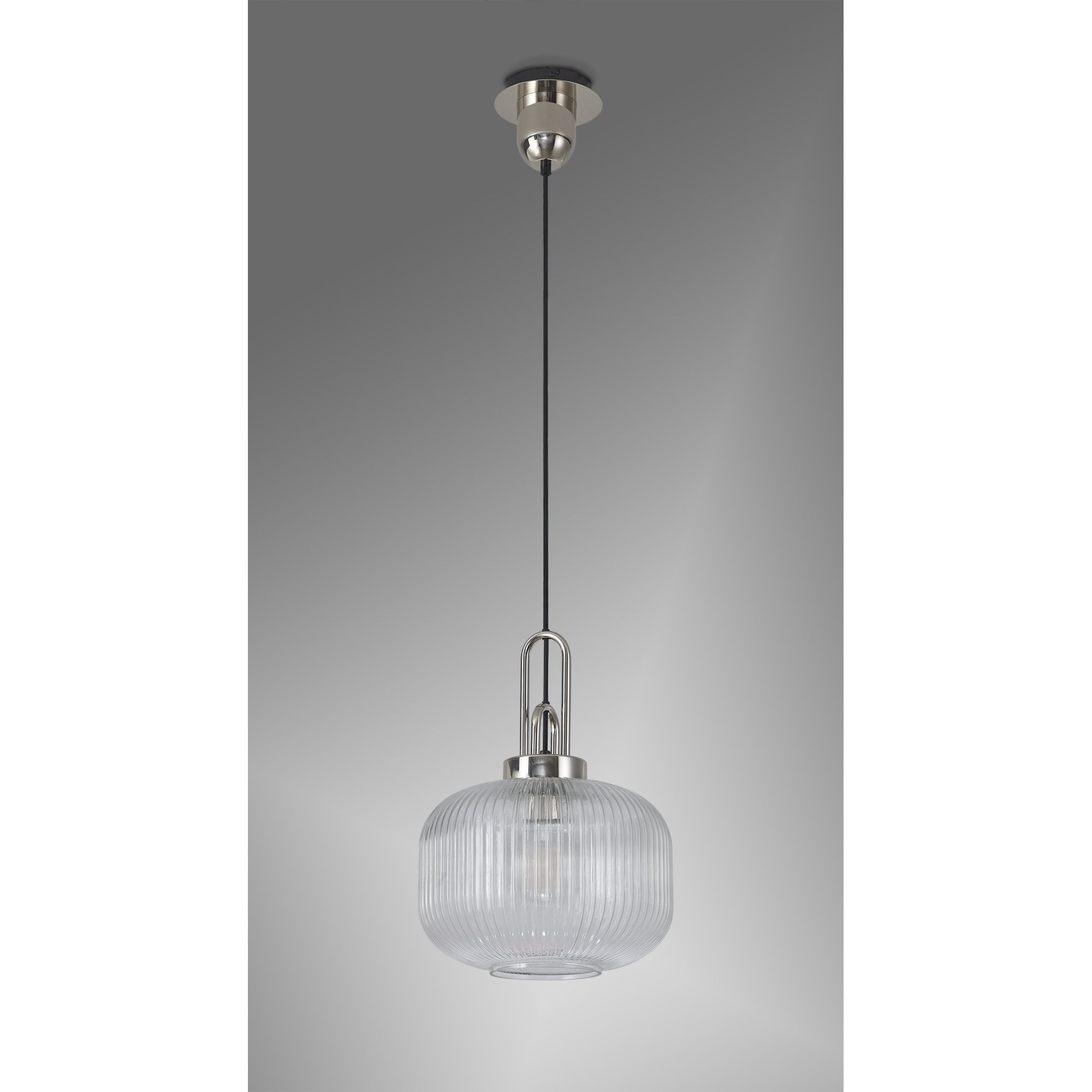 Fabula Springfield Single Pendant - 30cm Pumpkin Shaped Ribbed Glass Shade - Polished Nickel & Clear Glass