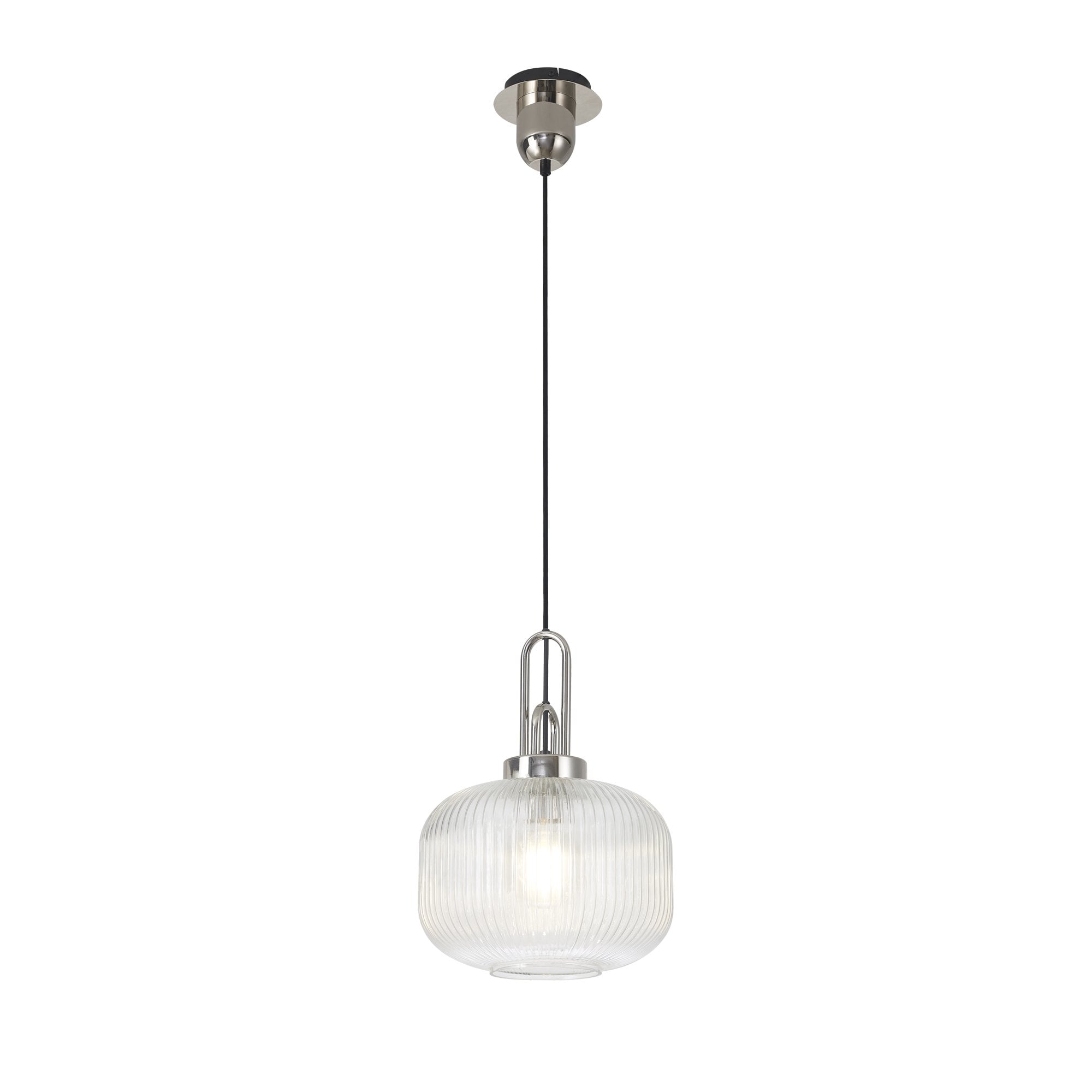 Fabula Springfield Single Pendant - 30cm Pumpkin Shaped Ribbed Glass Shade - Polished Nickel & Clear Glass