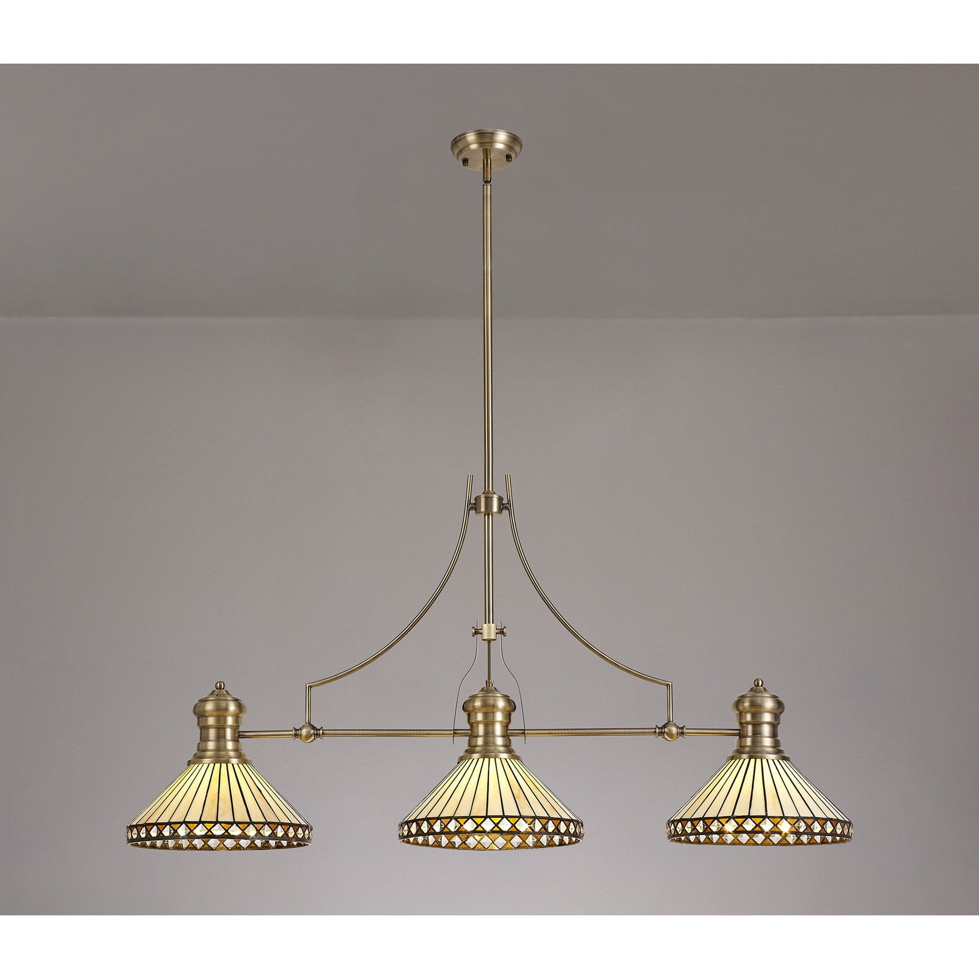 Fabula Westall 3 Light Linear Pendant - 30cm Tiffany Shade - Antique Brass, Amber & Cream