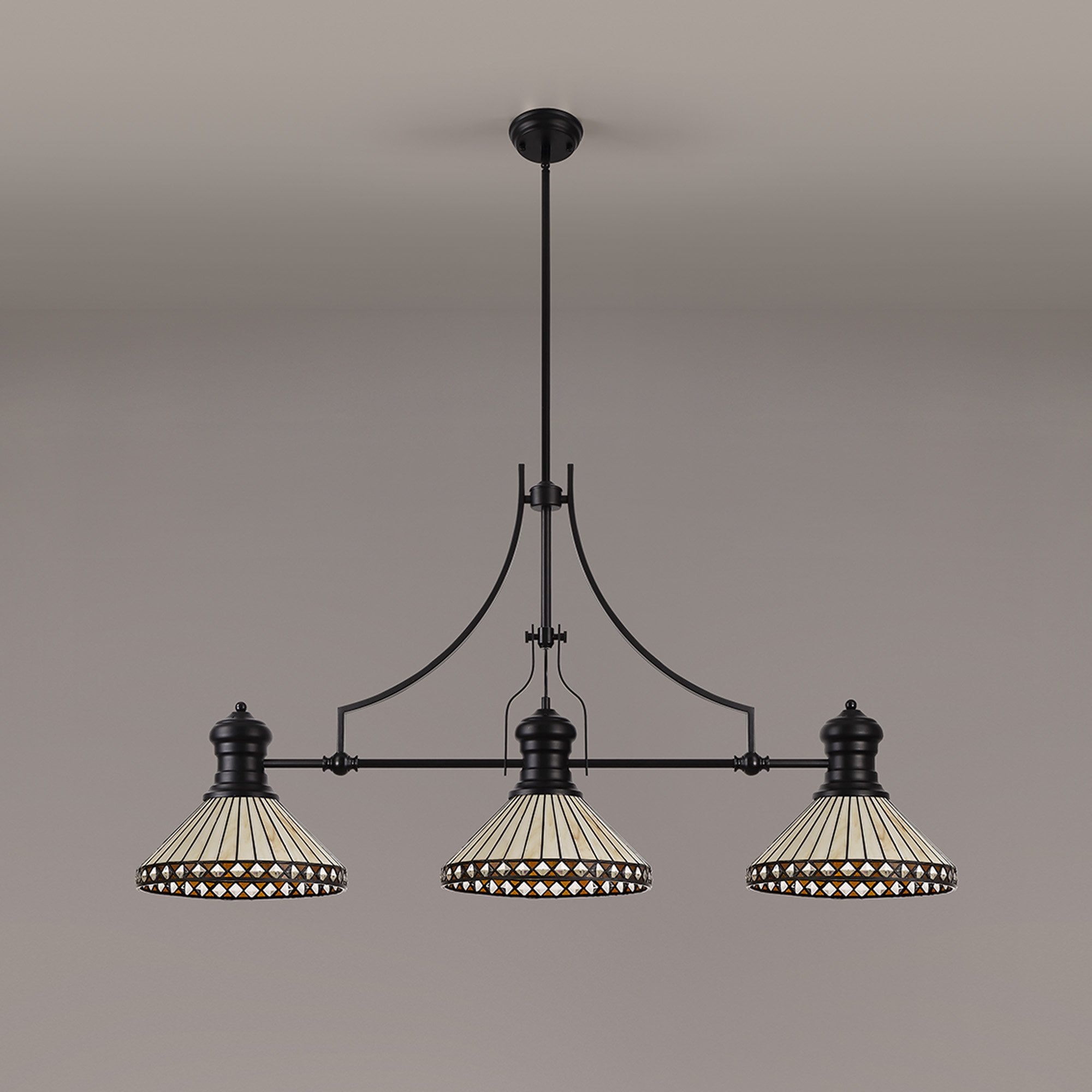 Fabula Westall 3 Light Linear Pendant - 30cm Tiffany Shade - Matt Black, Amber & Cream