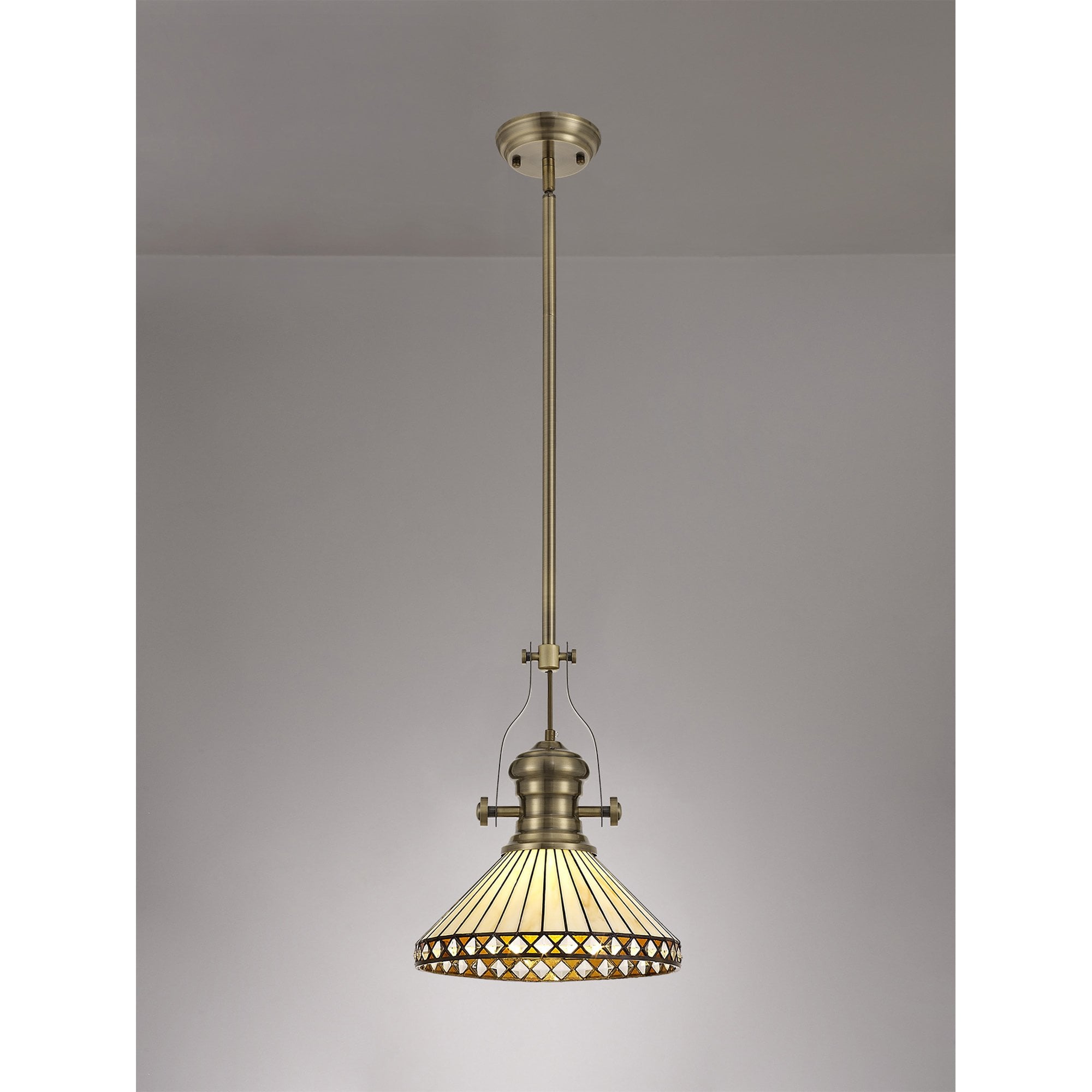 Fabula Westall Single Pendant - 30cm Tiffany Shade - Antique Brass, Amber & Cream