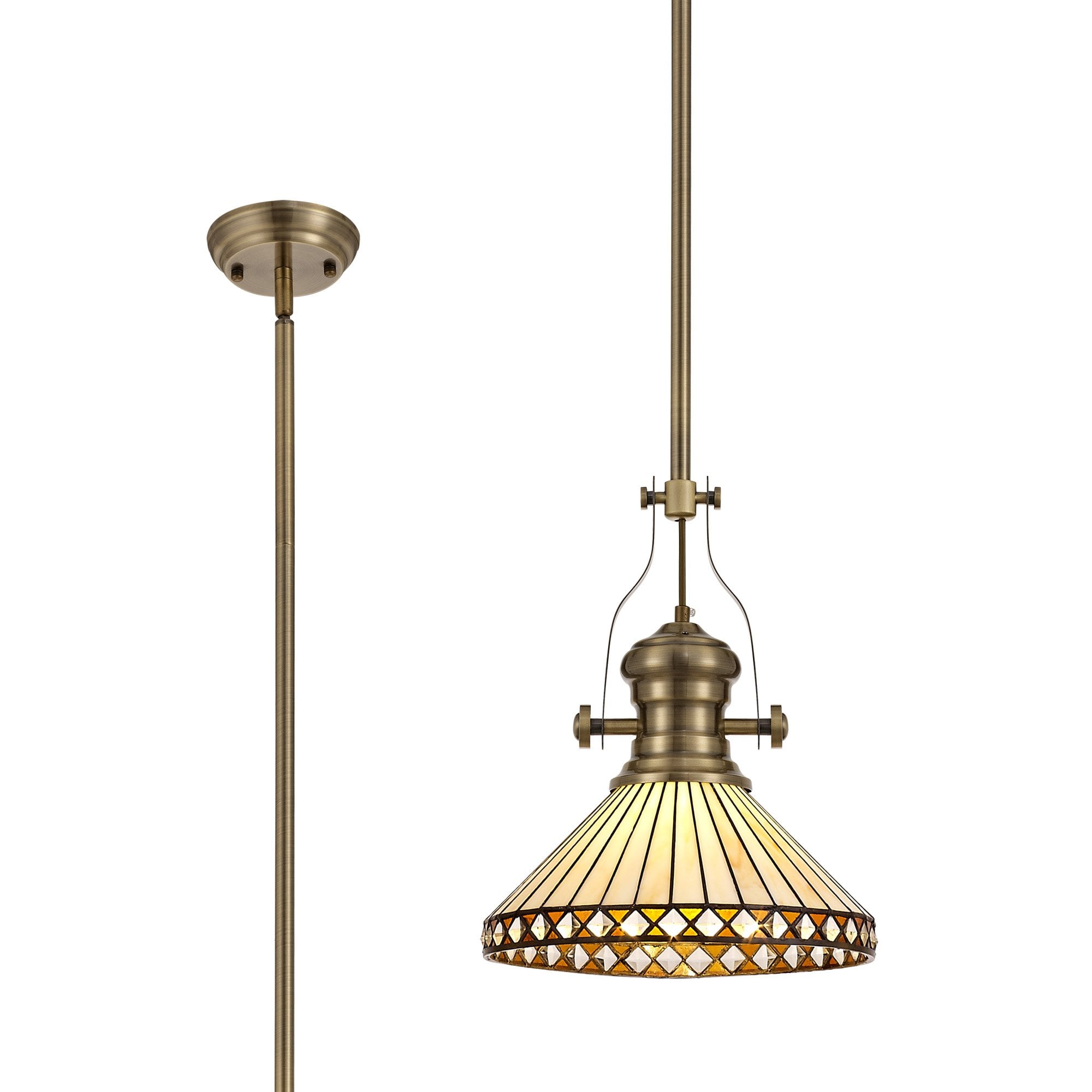 Fabula Westall Single Pendant - 30cm Tiffany Shade - Antique Brass, Amber & Cream