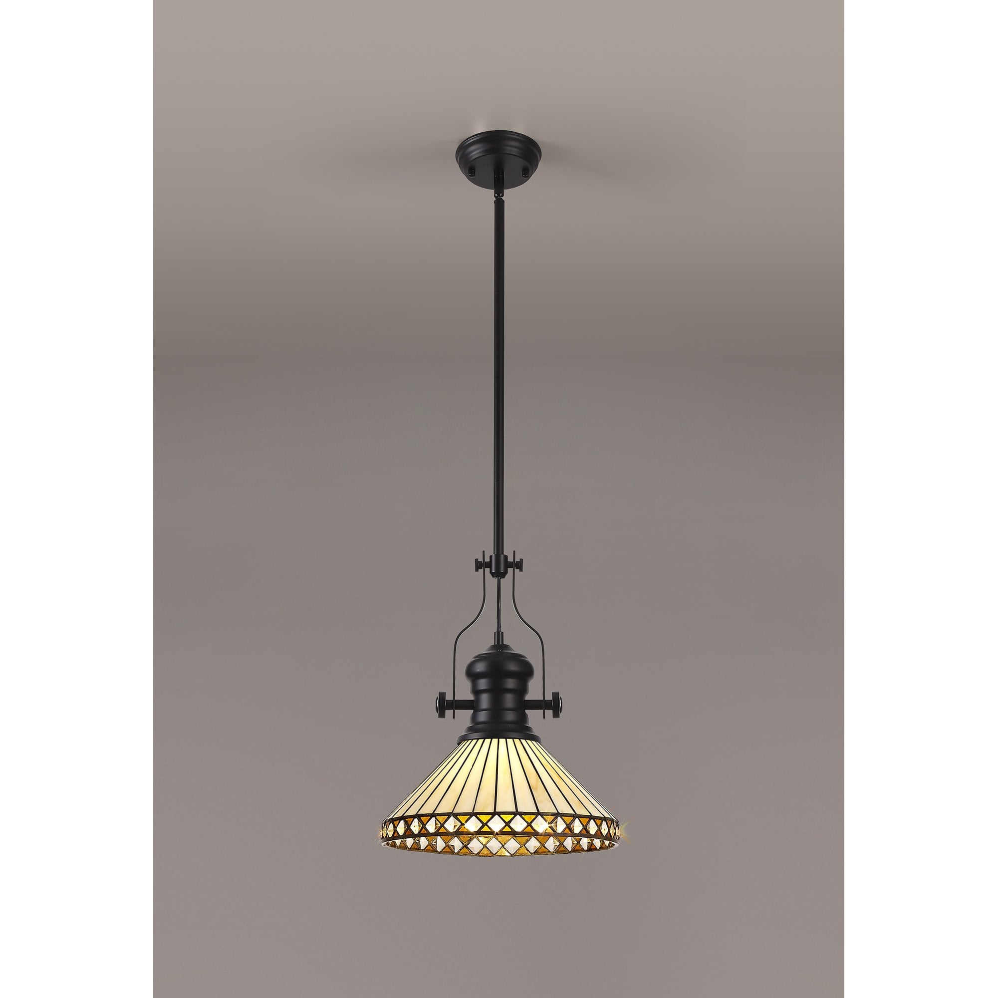 Fabula Westall Single Pendant - 30cm Tiffany Shade - Matt Black, Amber & Cream
