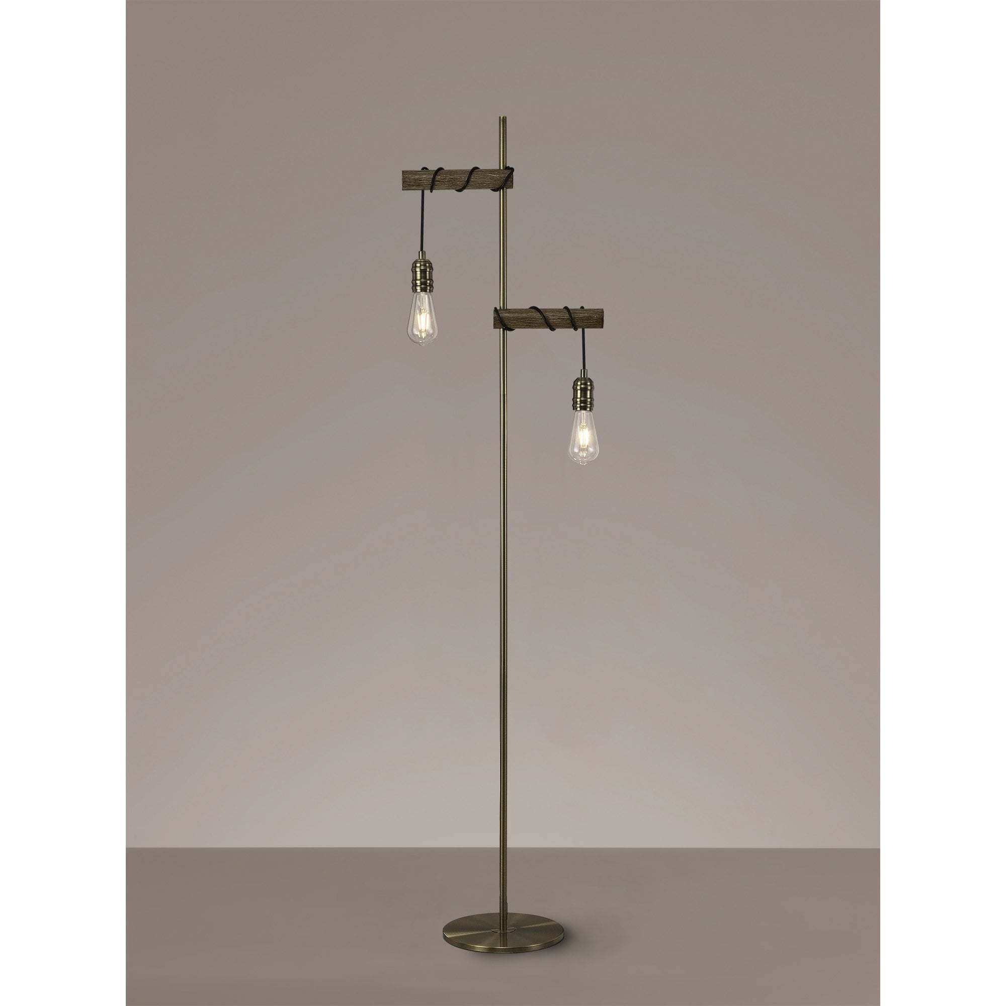 Fabula York 2 Light Floor Lamp - Medium Oak & Antique Brass