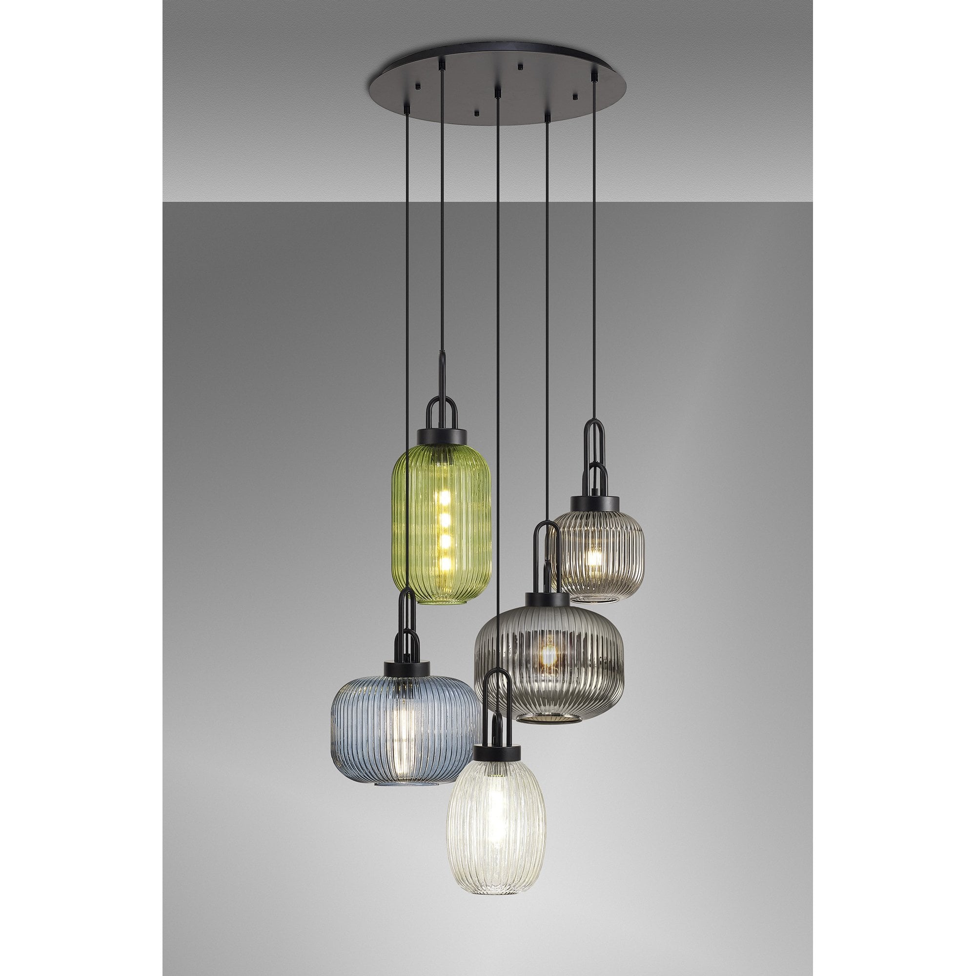 Fabula Springfield 5 Light Round Pendant - Mixed Glass Shades - Matt Black & Multi-Colour Glass