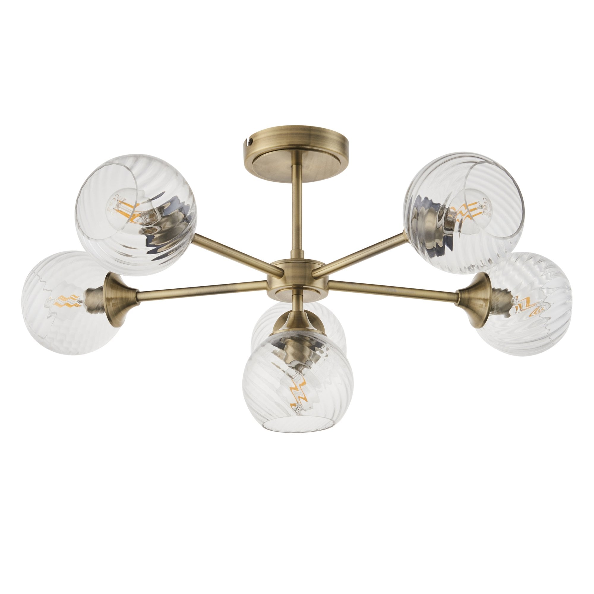Endon Allegra 6 Light Semi-Flush Fitting - Antique Brass Plate & Clear Spiral Glass