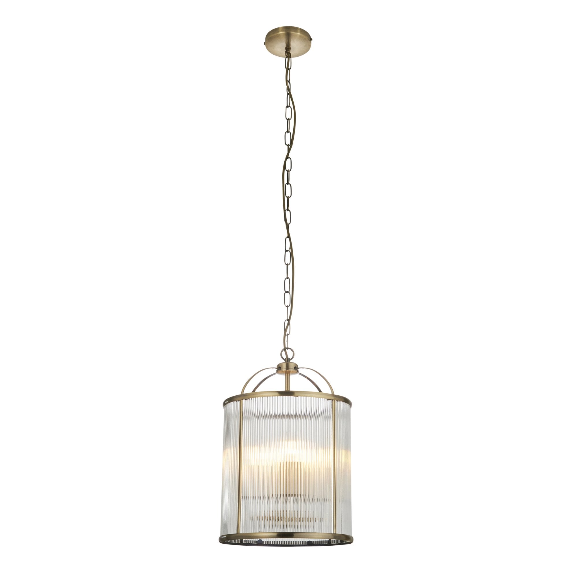 Endon Lambeth Ribbed 4 Light Pendant - Antique Brass Plate & Clear Ribbed Glass