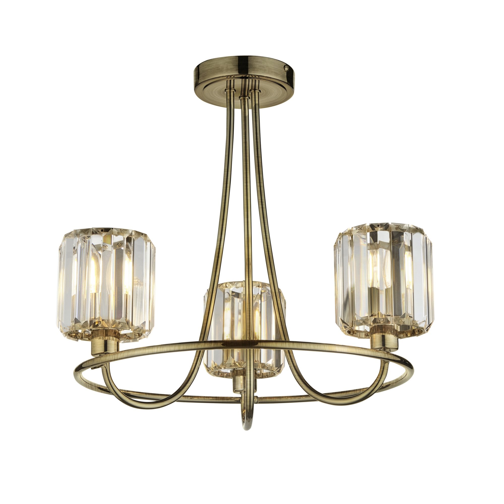 Endon Berenice 3 Light Semi-Flush Fitting - Antique Brass Plate & Clear Glass