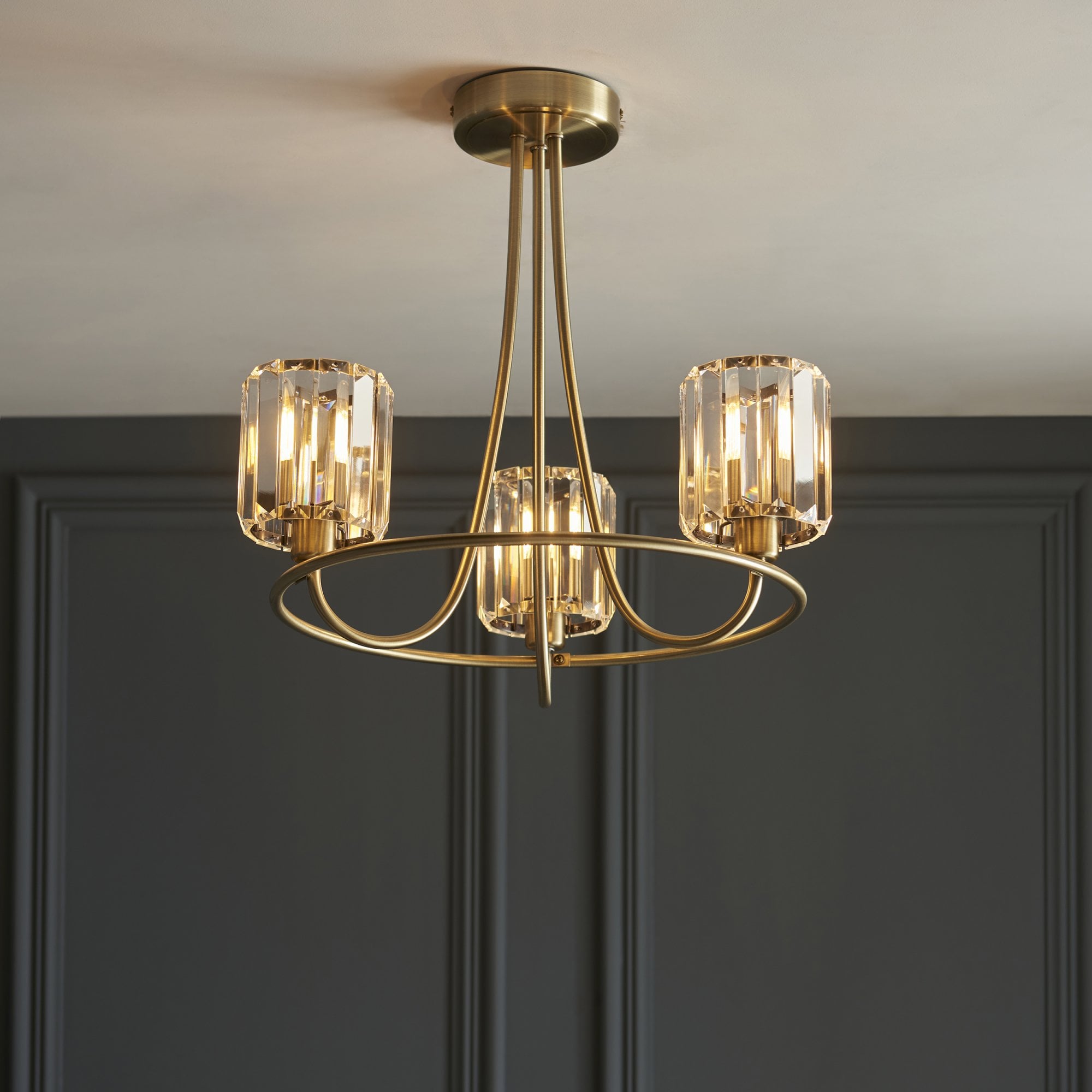 Endon Berenice 3 Light Semi-Flush Fitting - Antique Brass Plate & Clear Glass