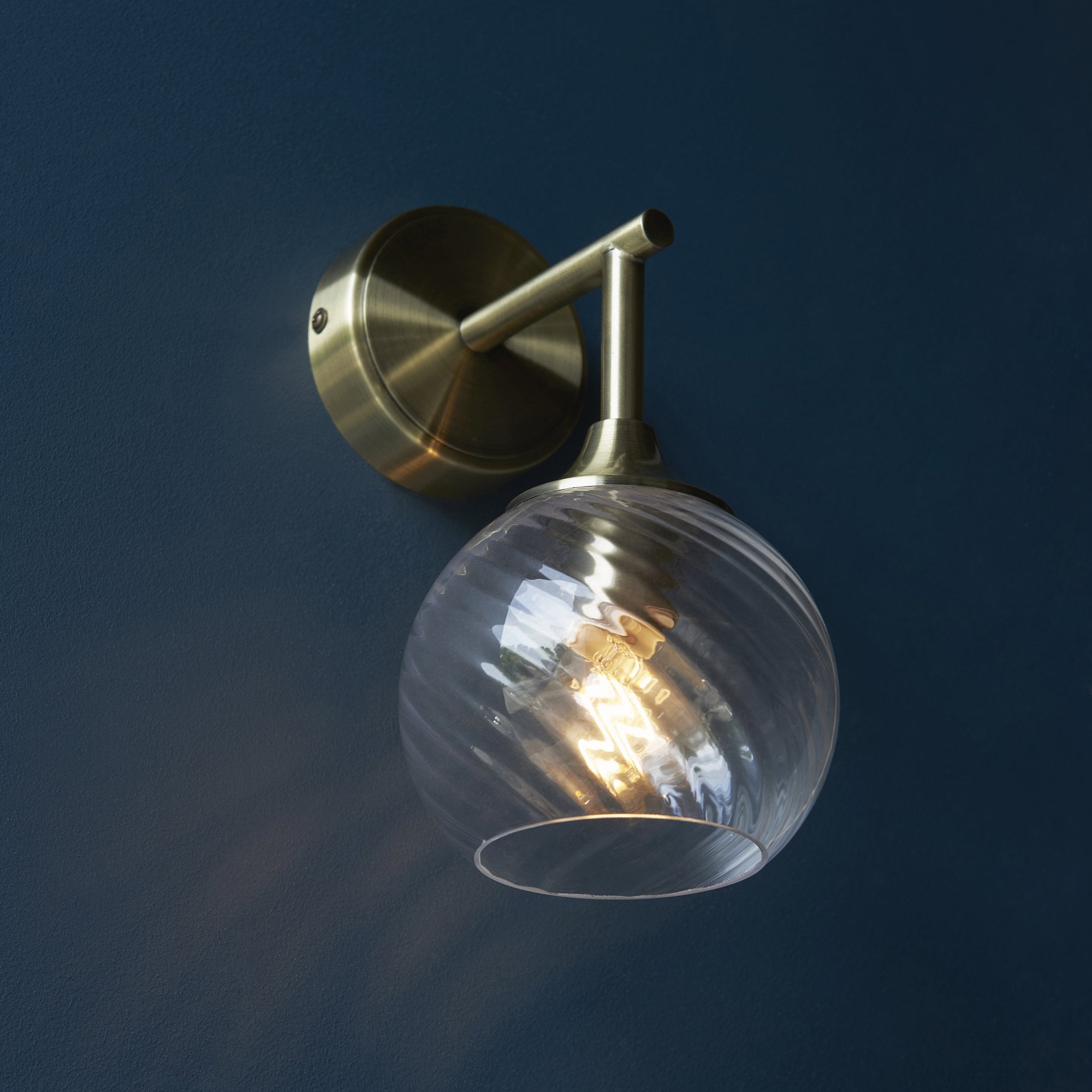 Endon Allegra Single Wall Light - Antique Brass Plate & Clear Spiral Glass