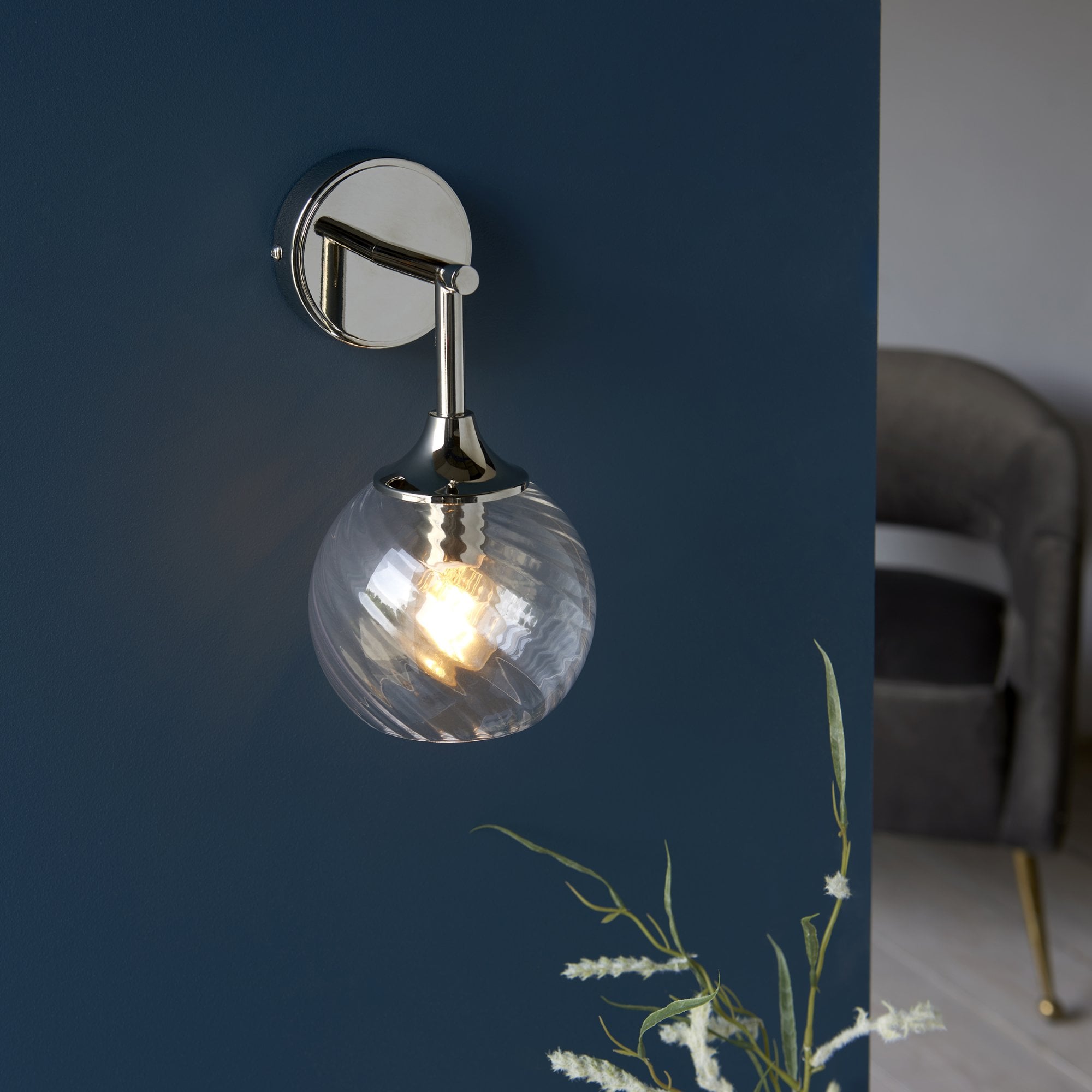 Endon Allegra Single Wall Light - Bright Nickel Plate & Clear Spiral Glass