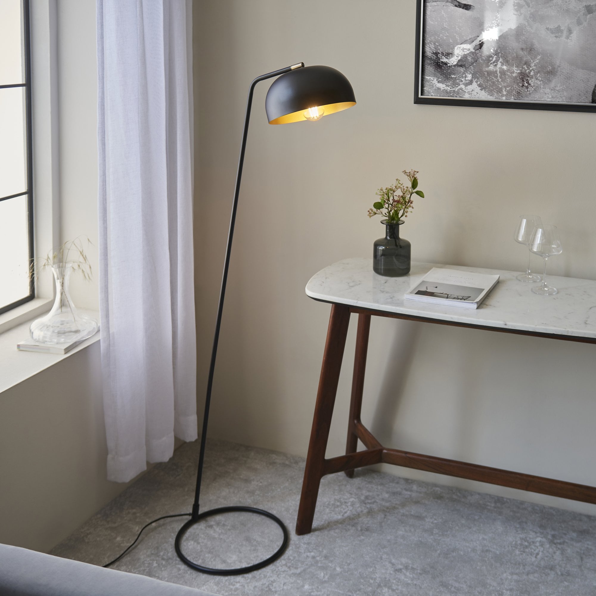 Endon Brair New Single Floor Light - Matt Black & Antique Brass Paint
