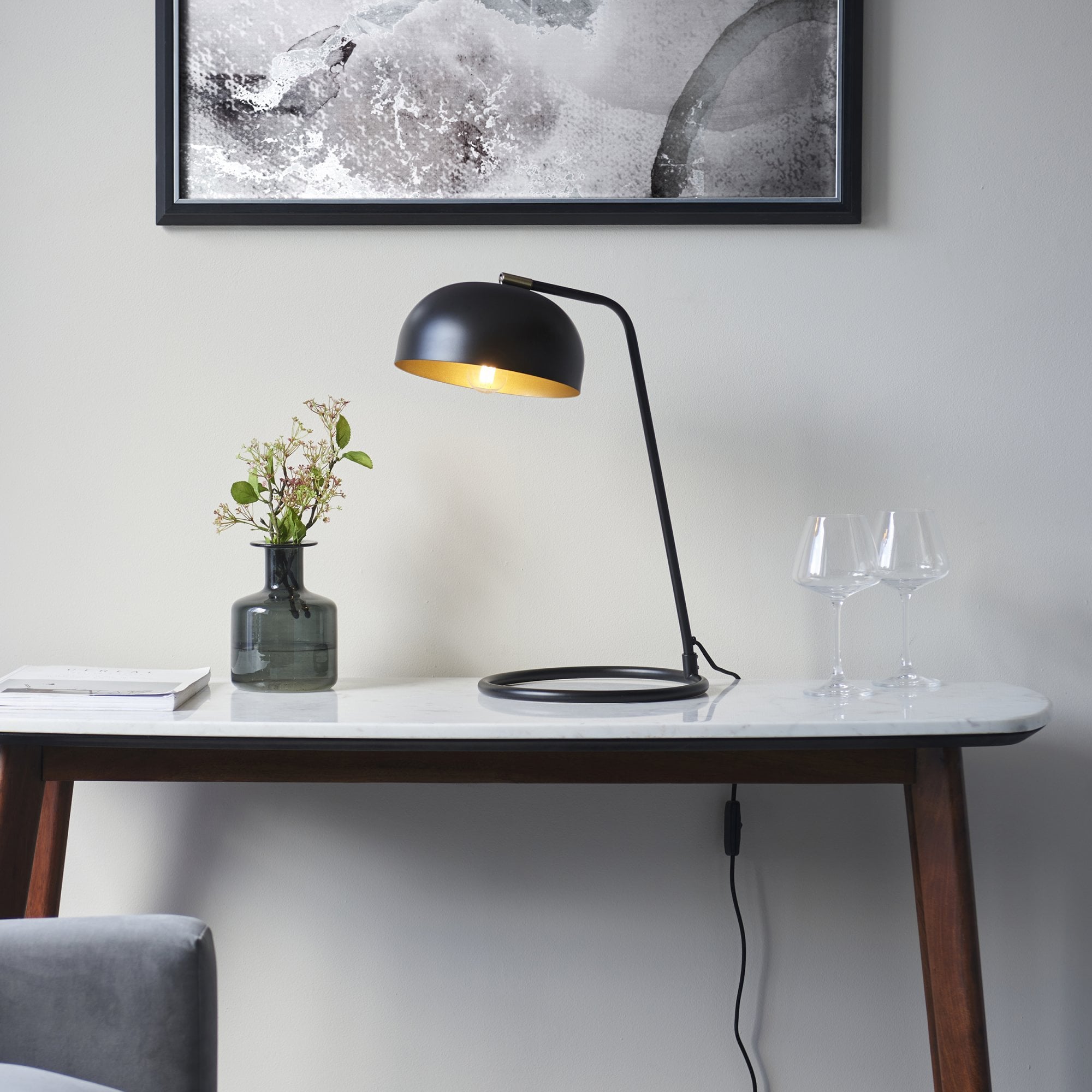 Endon Brair New Single Table Light - Matt Black & Antique Brass Paint