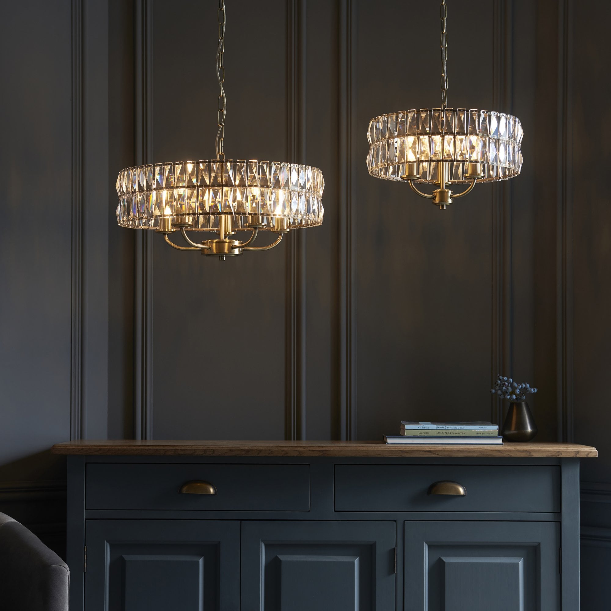 Endon Clifton 3 Light Pendant - Antique Brass Plate & Clear Crystal Glass