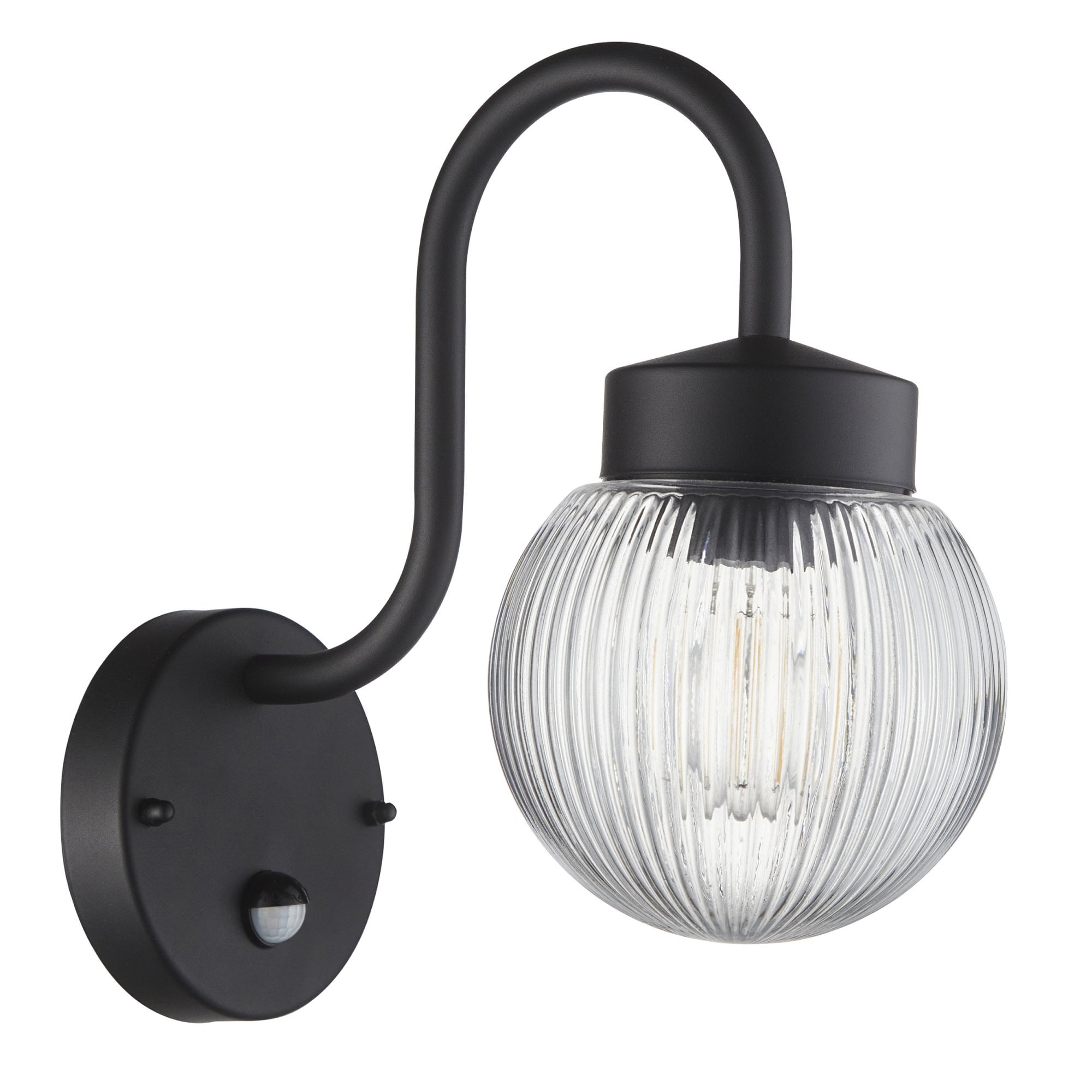 Endon Eldon Single Wall Light with PIR - Textured Black & Clear Ribbed Glass