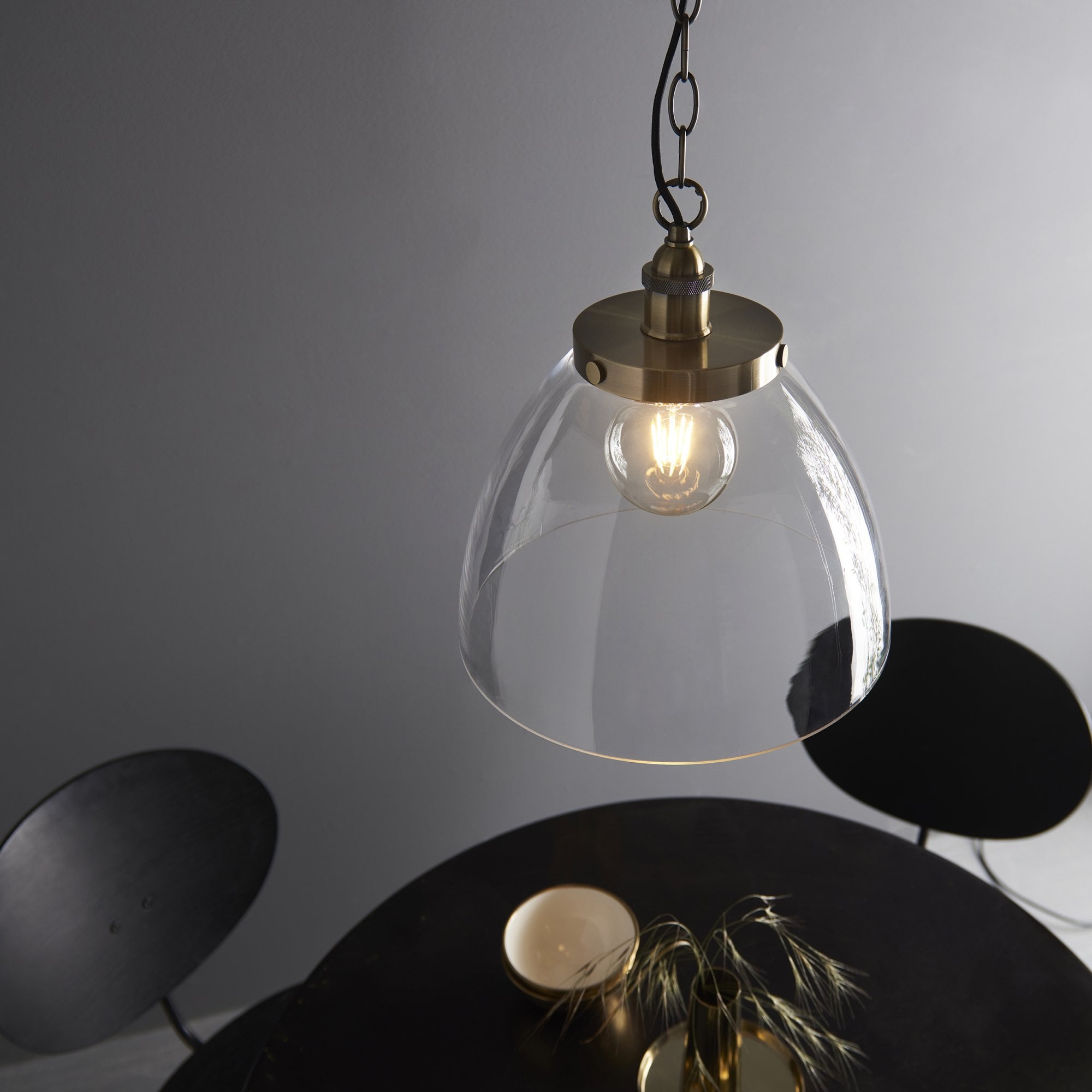 Endon Hansen Grand Single Pendant - Antique Brass Plate & Clear Glass