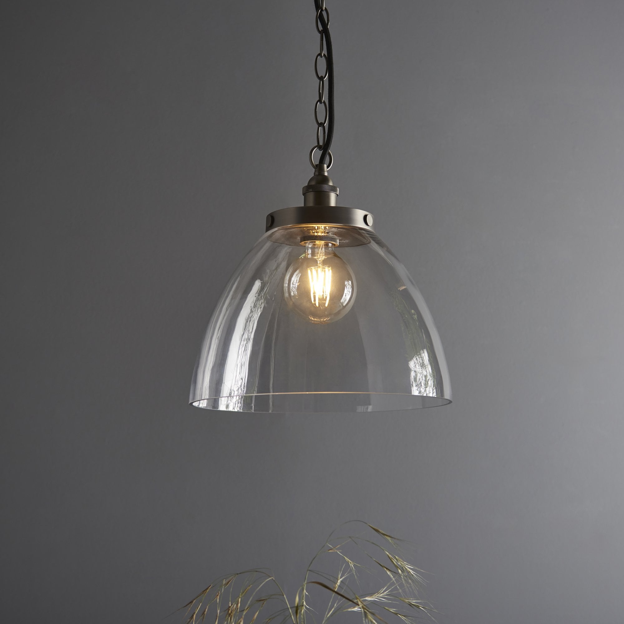 Endon Hansen Grand Single Pendant - Brushed Silver Paint & Clear Glass