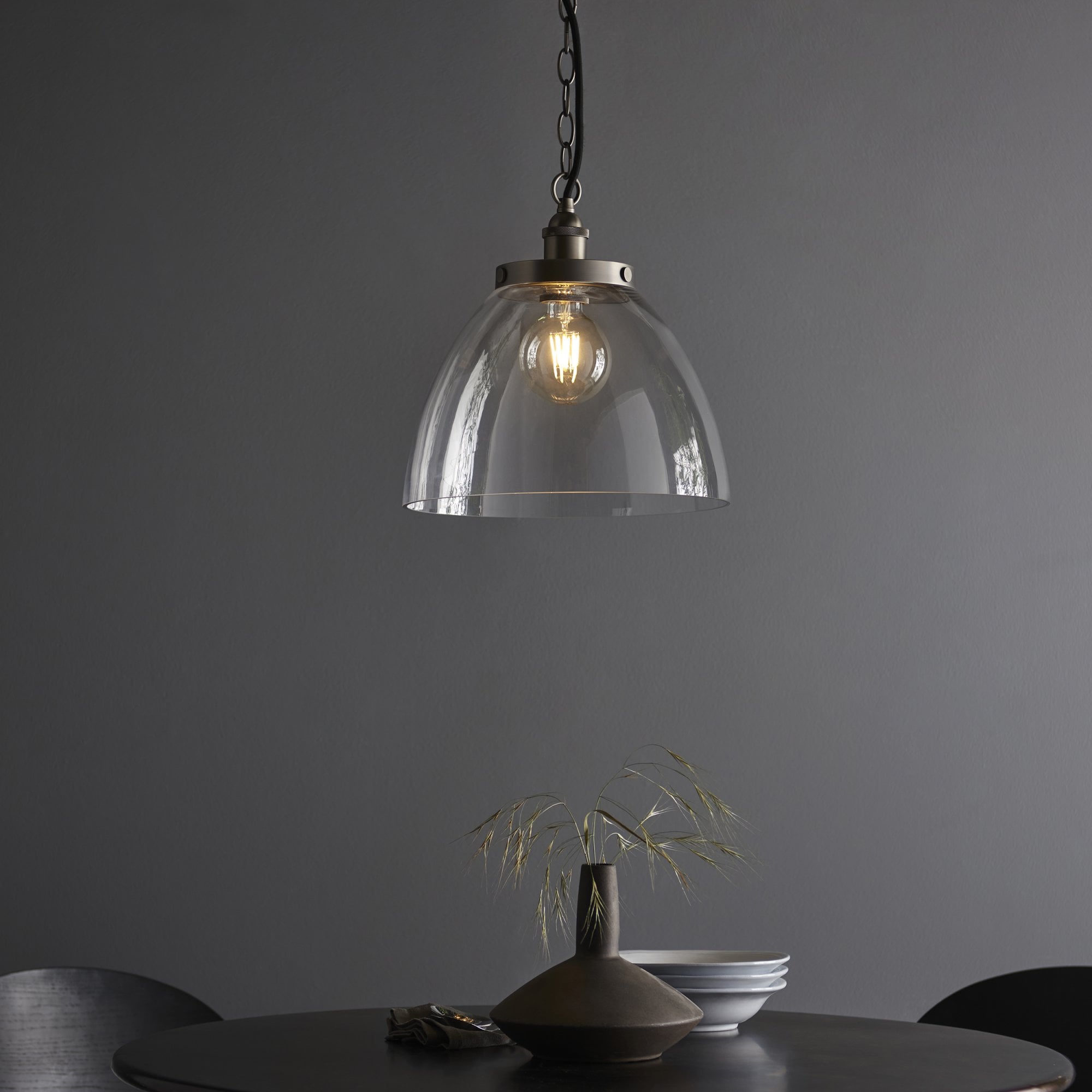 Endon Hansen Grand Single Pendant - Brushed Silver Paint & Clear Glass