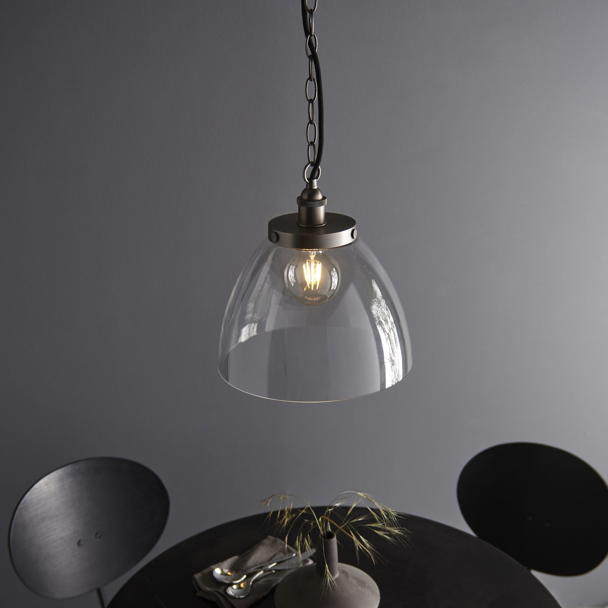 Endon Hansen Grand Single Pendant - Brushed Silver Paint & Clear Glass