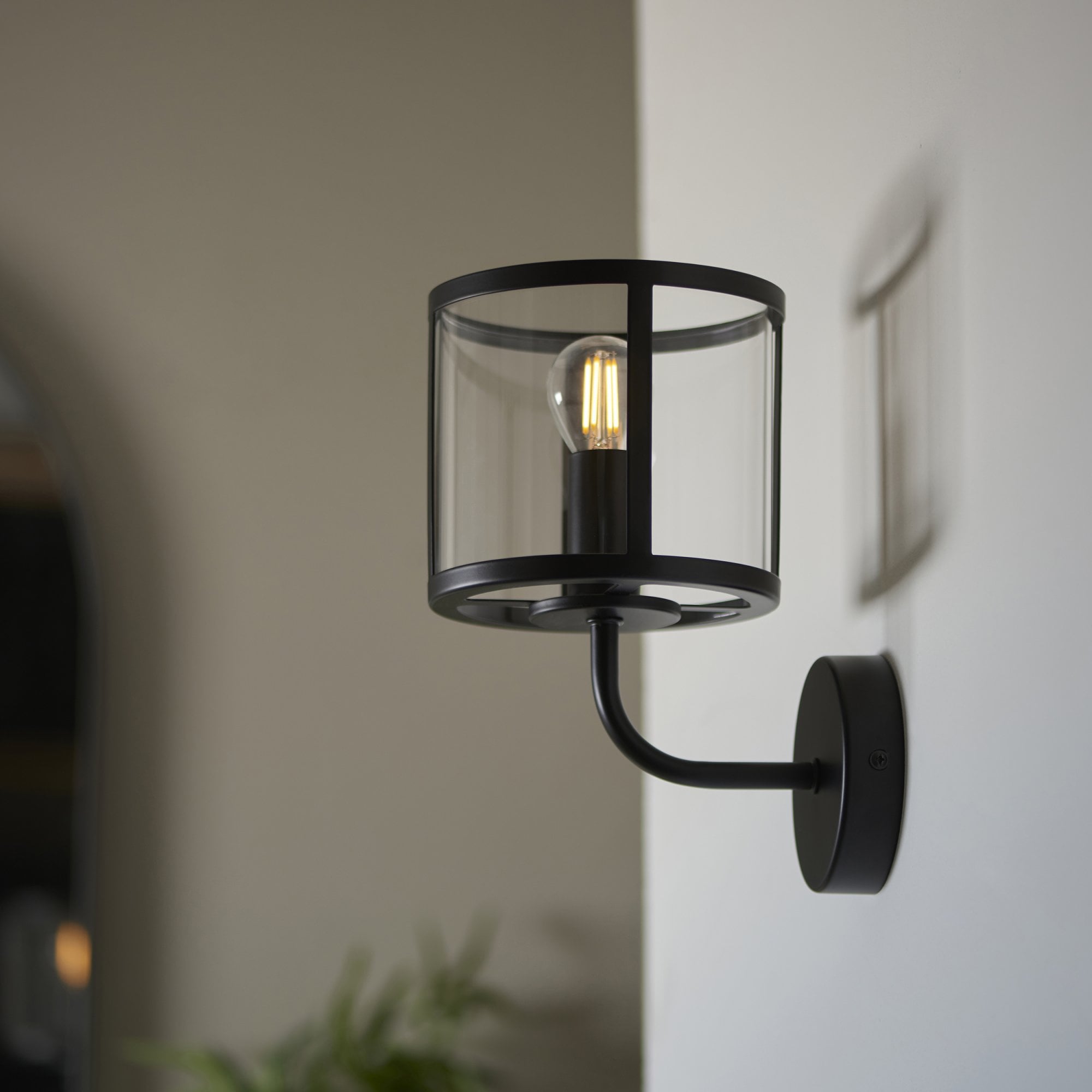 Endon Hopton Single Wall Light - Matt Black & Clear Glass