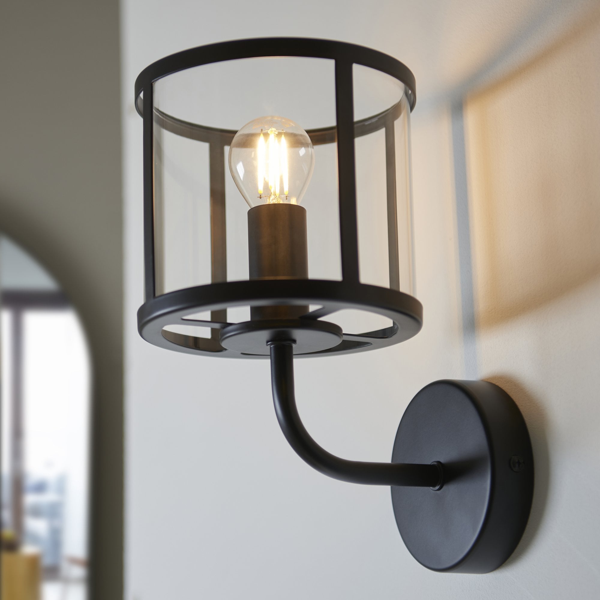 Endon Hopton Single Wall Light - Matt Black & Clear Glass