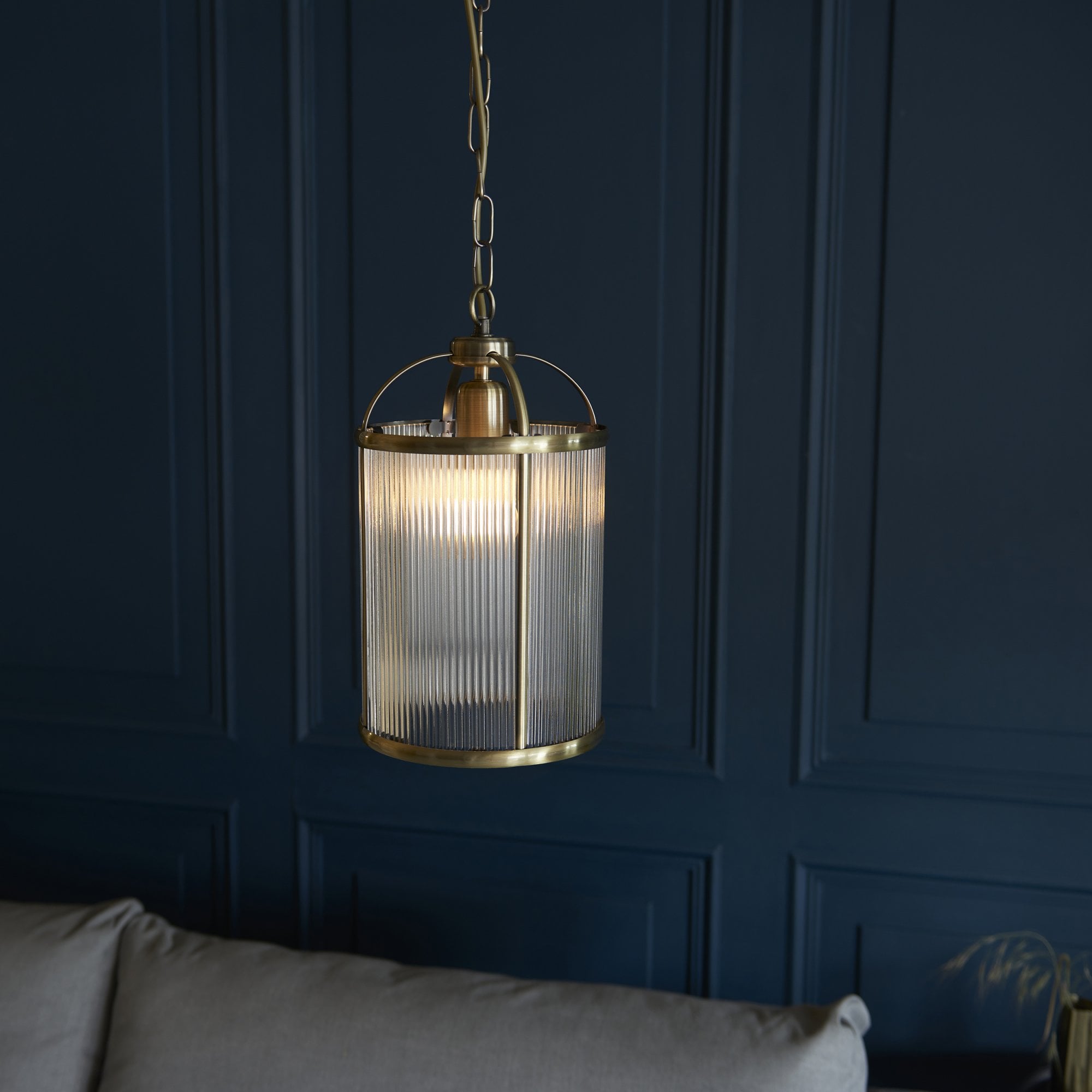 Endon Lambeth Ribbed Single Pendant - Antique Brass Plate & Clear Ribbed Glass