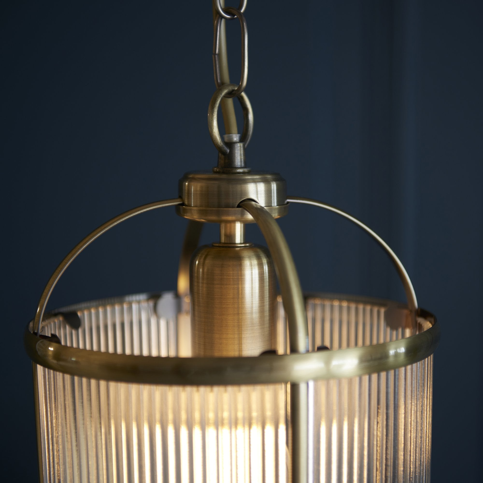 Endon Lambeth Ribbed Single Pendant - Antique Brass Plate & Clear Ribbed Glass