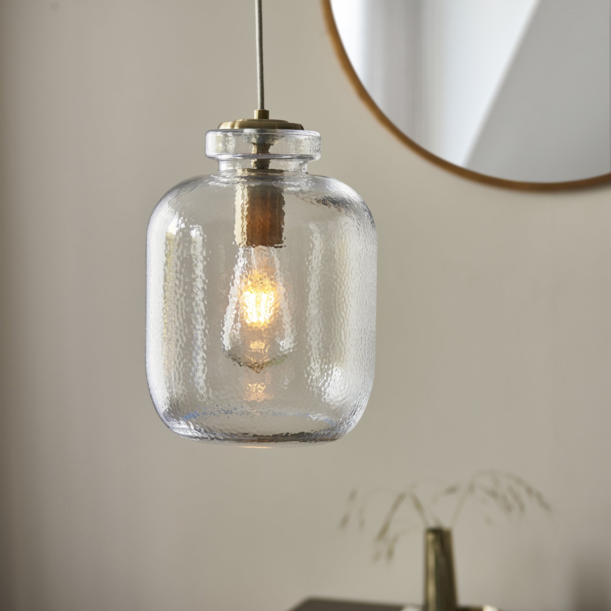 Endon Lyra Single Pendant - Clear textured Glass & Antique Brass Plate