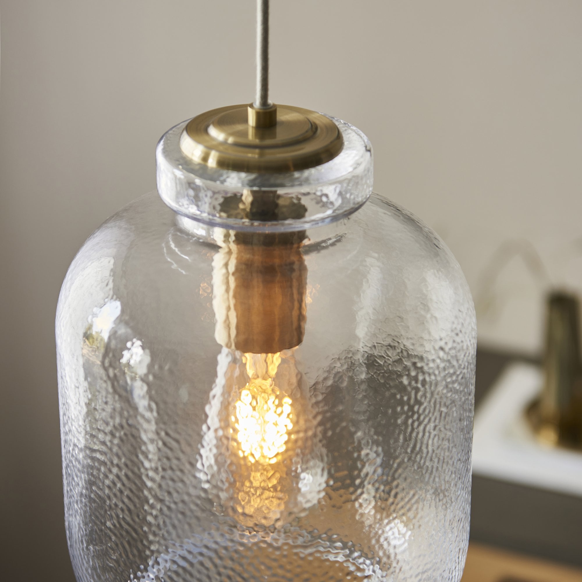 Endon Lyra Single Pendant - Clear textured Glass & Antique Brass Plate