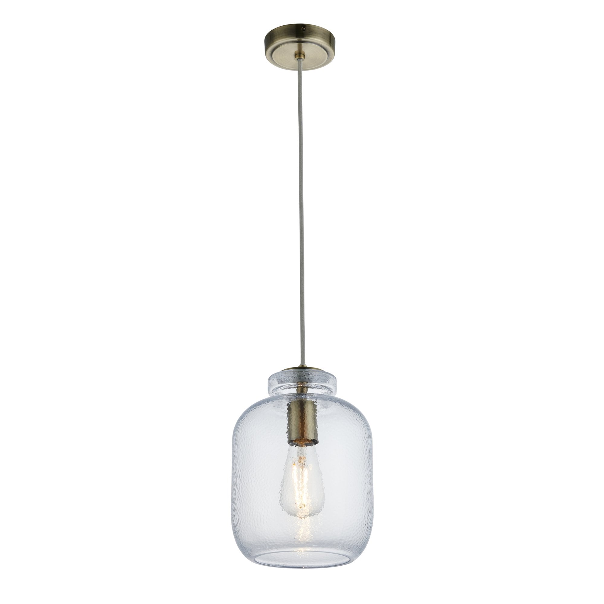 Endon Lyra Single Pendant - Clear textured Glass & Antique Brass Plate