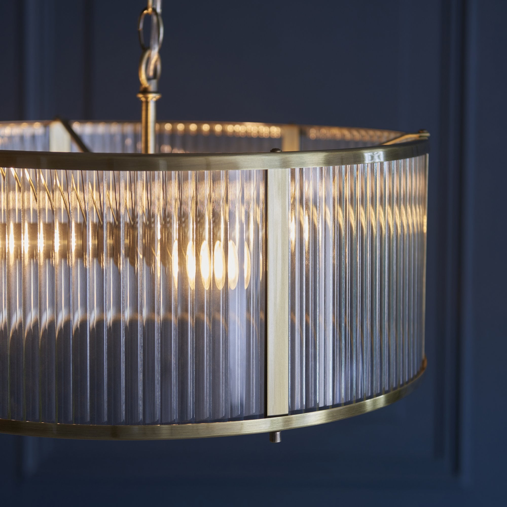 Endon Ridgeton 3 Light Pendant - Antique Brass Plate & Clear Ribbed Glass