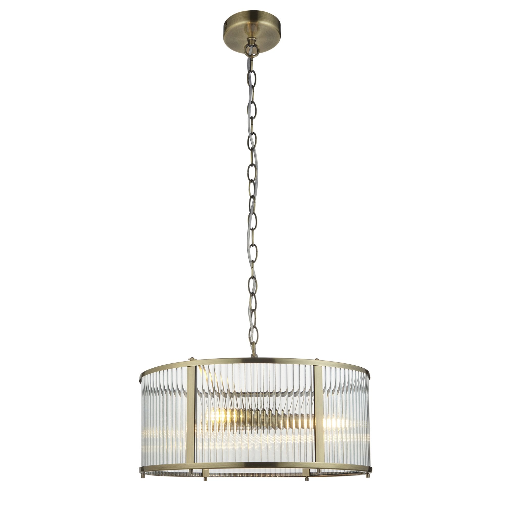 Endon Ridgeton 3 Light Pendant - Antique Brass Plate & Clear Ribbed Glass