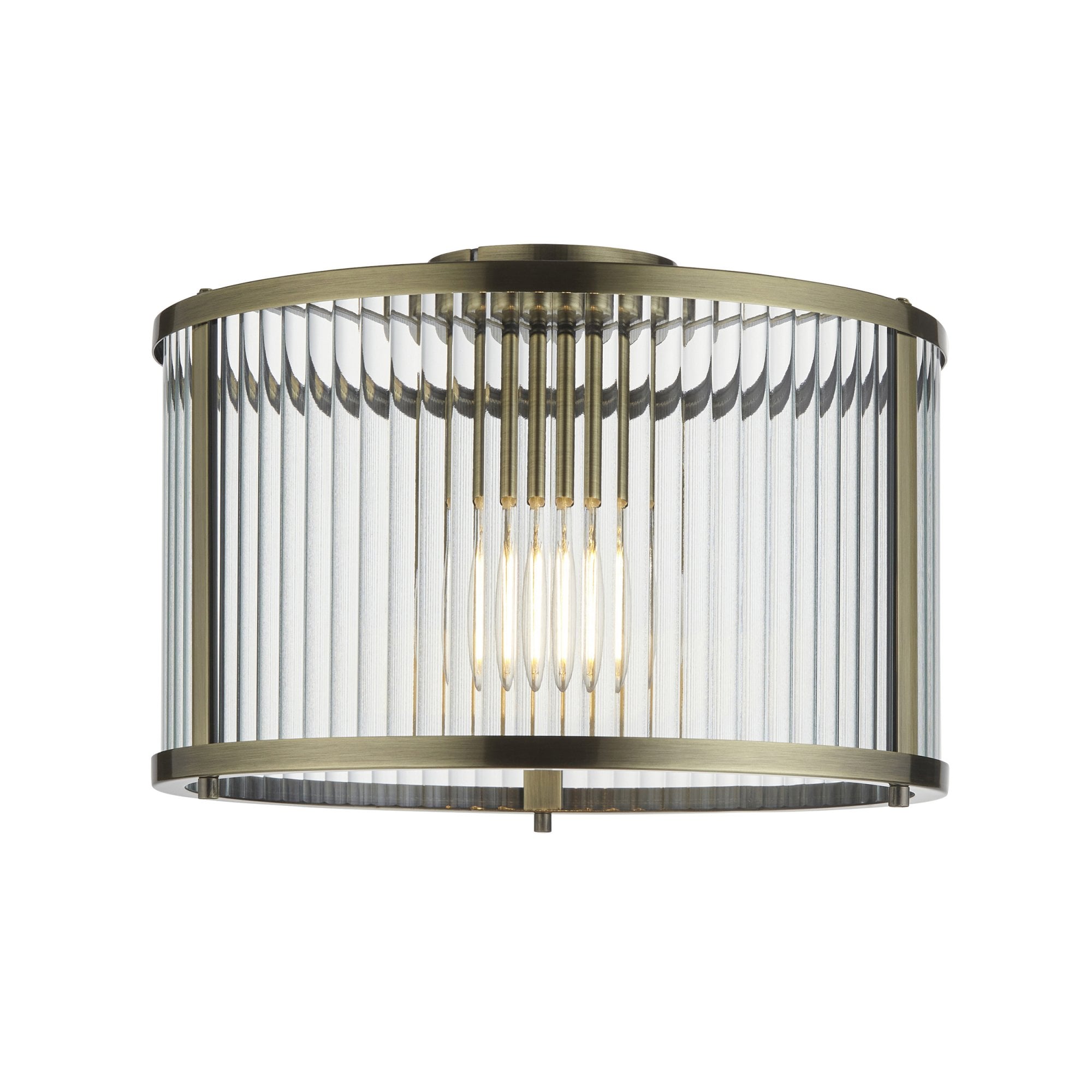 Endon Ridgeton Single Flush Fitting - Antique Brass Plate & Clear Ribbed Glass