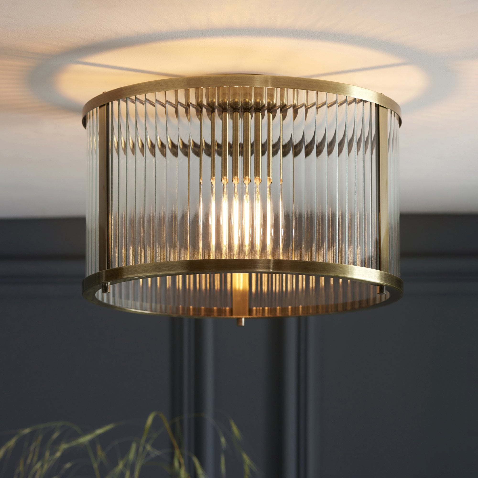 Endon Ridgeton Single Flush Fitting - Antique Brass Plate & Clear Ribbed Glass
