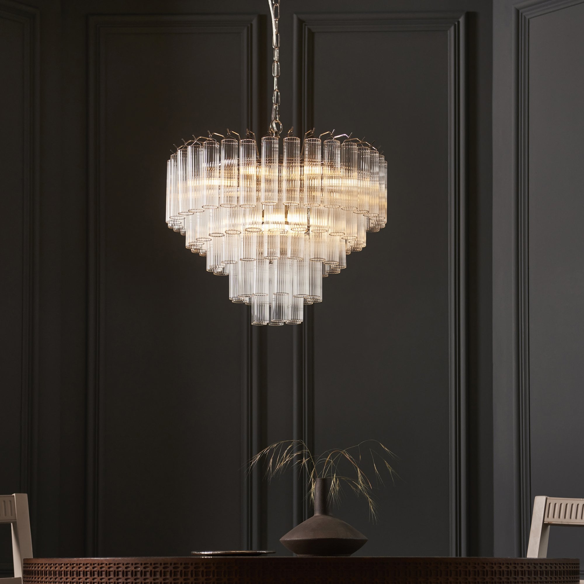 Endon Toulouse 12 Light Pendant - Bright Nickel Plate & Clear Ribbed Glass